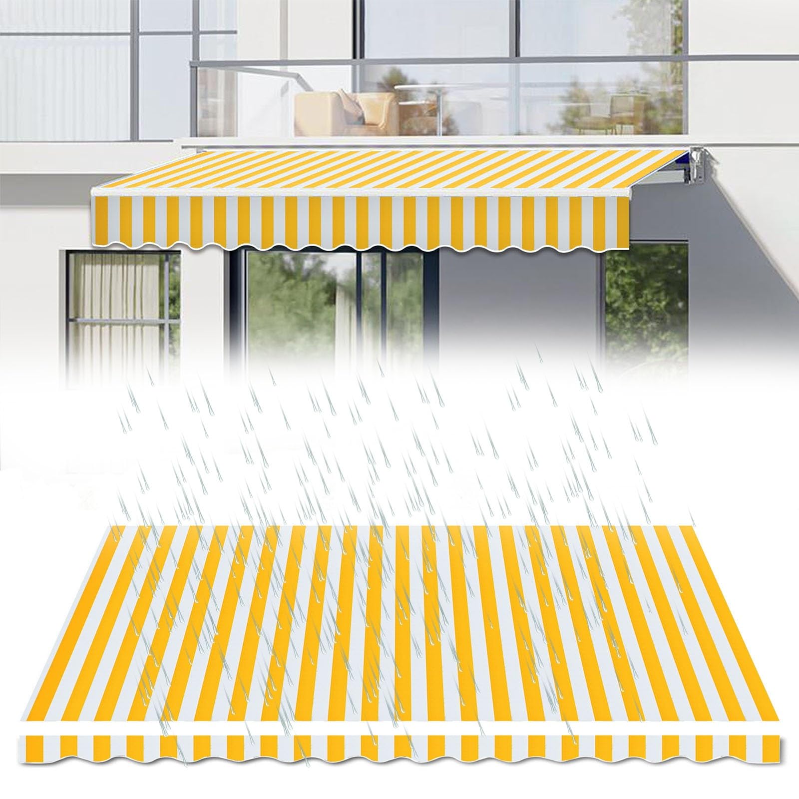 Telo di ricambio retrattile per patio, impermeabile, 258 g, in poliestere, per esterni, arrotolabile, per terrazza, ristoranti, negozi (strisce gialle e bianche, 4,6 x 1,5 m)