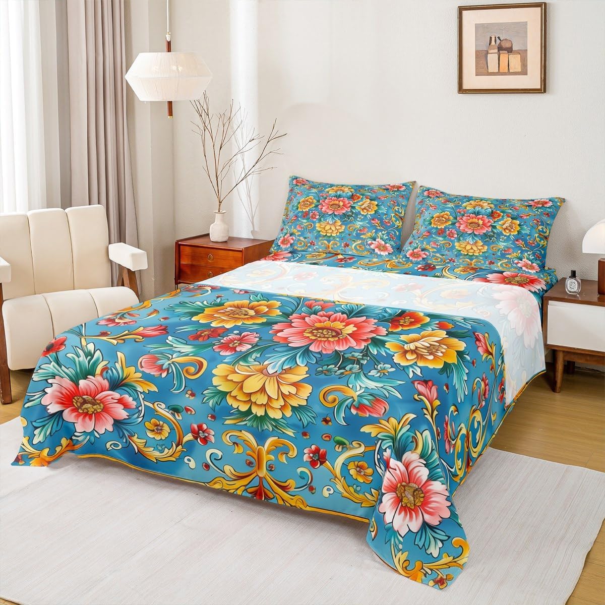 Erosebridal Ethnic Baroque Bed Sheets Twin Vintage Boho Floral Sheet Set Blue Yellow Pink Plants Bedding Set for Kids Girls Teen,Bohemian Bohemian Aesthetic Fitted Flat Sheets 3 Piece