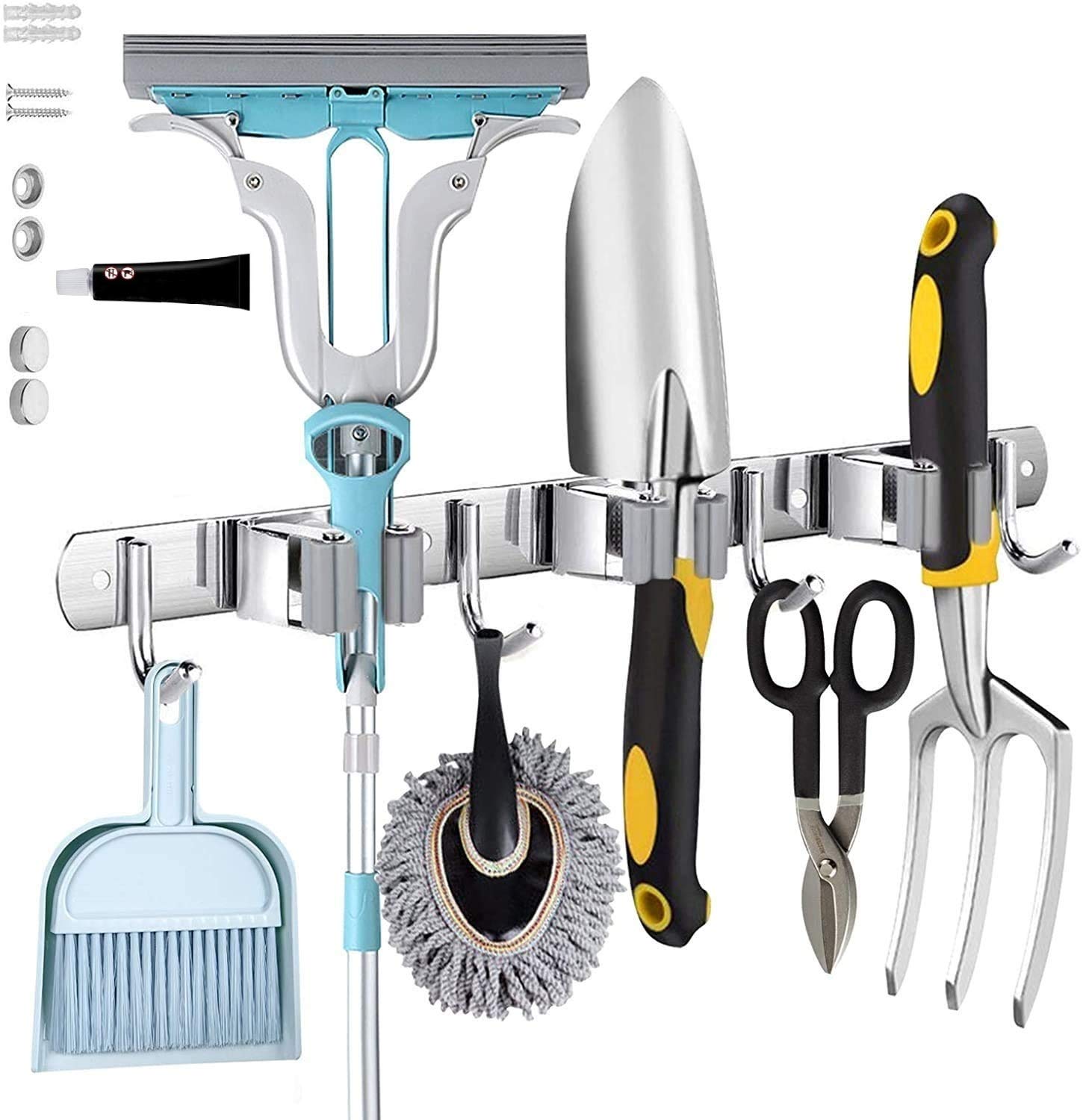 HXcometBroom & Mop Holder, Stainless Steel Wall Mounted Broom Holder with Positions and Hooks,Utility Room Storage Solution for Kitchen,Garage,Bathroom and Storage (3 Racks and 4 Hooks)