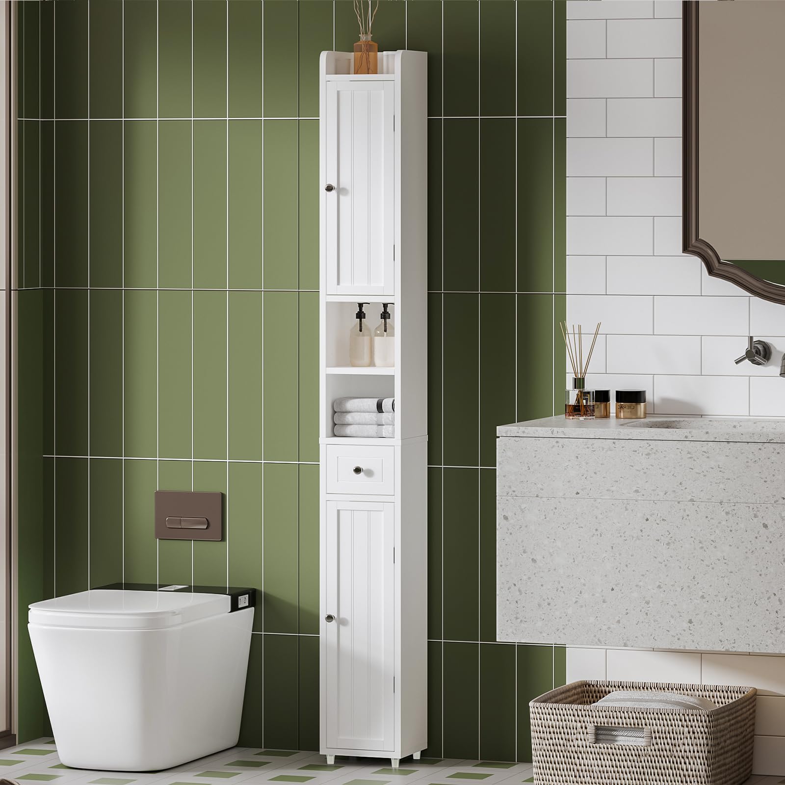 Meuble Colonne Salle de Bain, Armoire Haute de Salle de Bain avec 2 Portes et 1 Tiroir, Étagères Réglables, pour Petits Espaces, Blanc