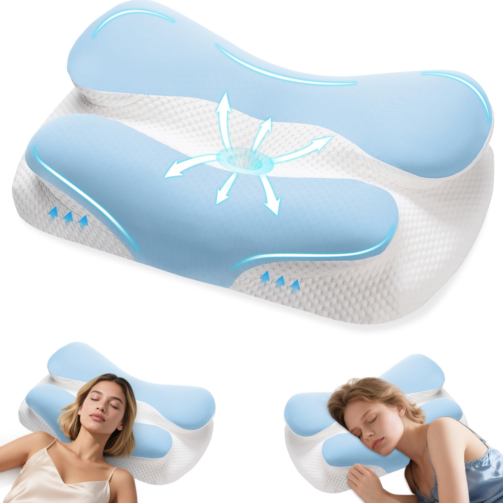 ALLFYL Memory Foam Pillow for Neck and Shoulder Pain Relief - Ergonomic Cervical Pillow with Cooling Ice Silk Cover, Dual Height Orthopedic Pillow for Side, Back & Stomach Sleepers.