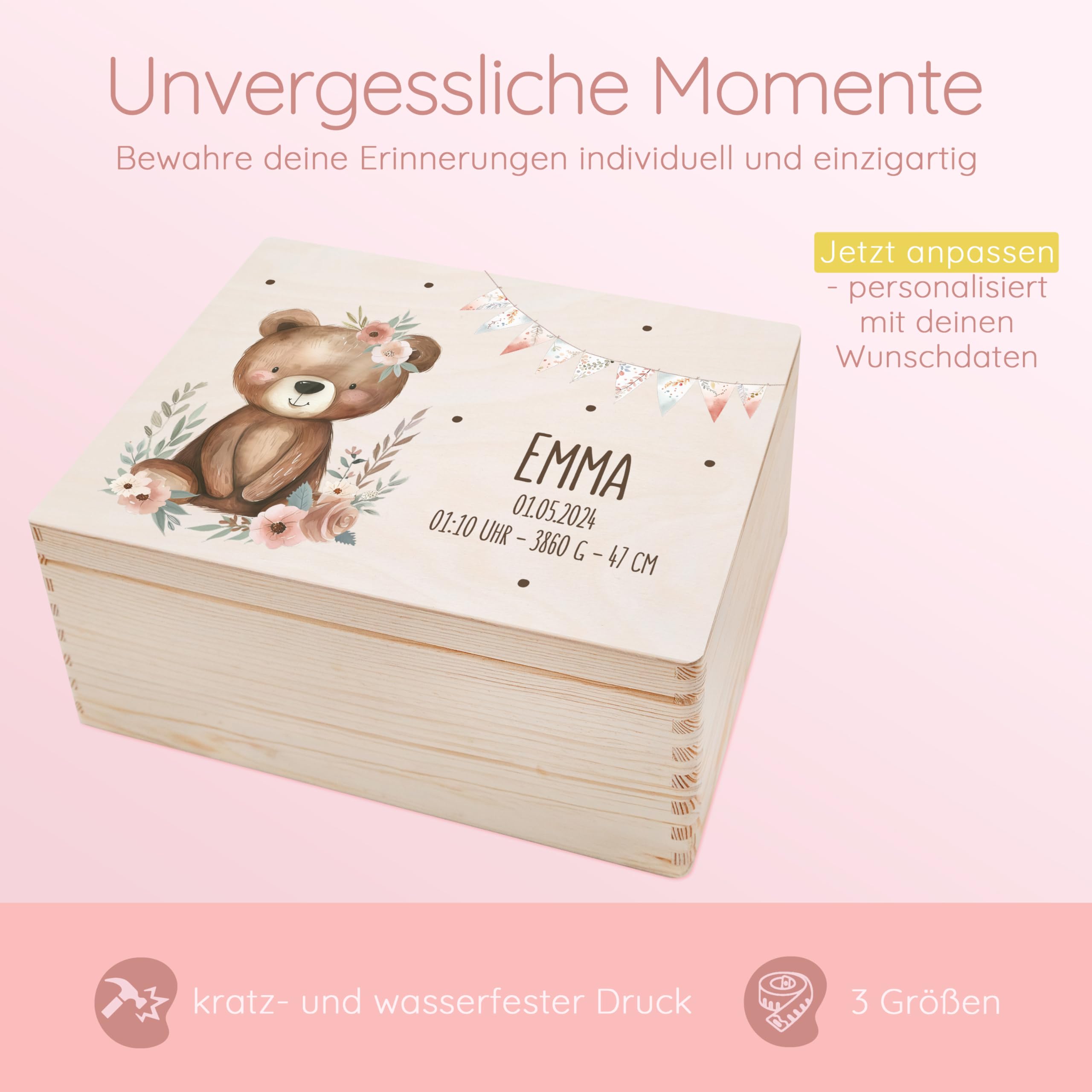 Bärenfreunde - Personalisierte Erinnerungsbox Baby mit Spezial-Druck - Individuelle Baby Erinnerungsbox - Erinnerungskiste aus Holz - Geschenk zur Geburt (M flach | Klappdeckel,Bär Blumen Girlande)
