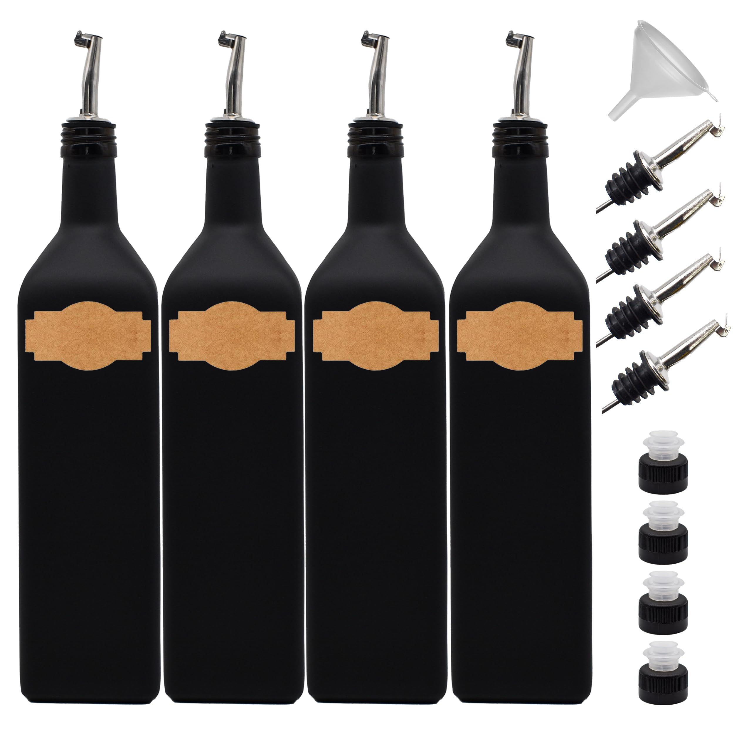 Generisch Flasche zum Befüllen 1 Liter mit Edelstahl-Ausgießer - Deckel in Schwarz - Kraftpapier zum Beschriften - ideal für Olivenöl