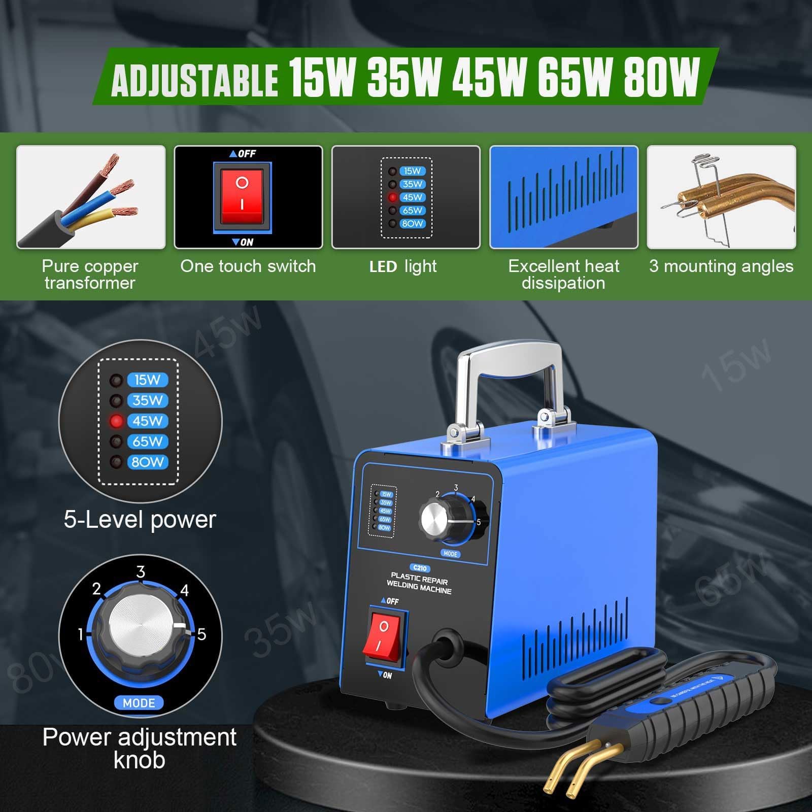 Kit de Soudure pour Réparation Plastique Auto-Moto 220V Réglable 15W/35W/45W/65W/80W, Ensemble Réparation Plastique avec Pistolet à Air Chaud et 600 Clous pour Soudure