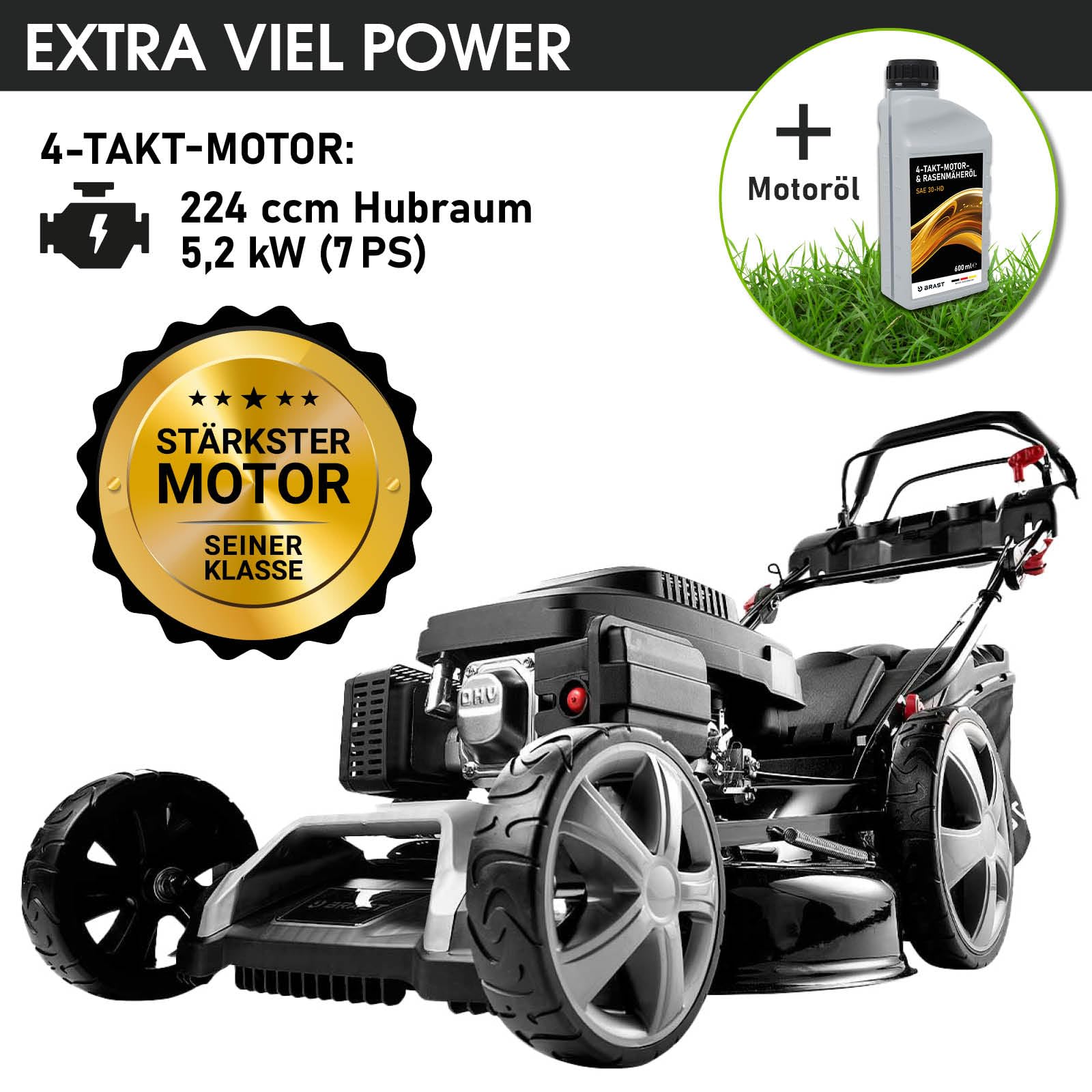 BRAST Benzin Rasenmäher mit Antrieb | 5,2kW (7PS) | 55cm Schnittbreite | viele Modelle | TÜV | 30-80mm Schnitthöhe | 60L Fangkorb | 4 Takt OHV Motor | Stahlgehäuse