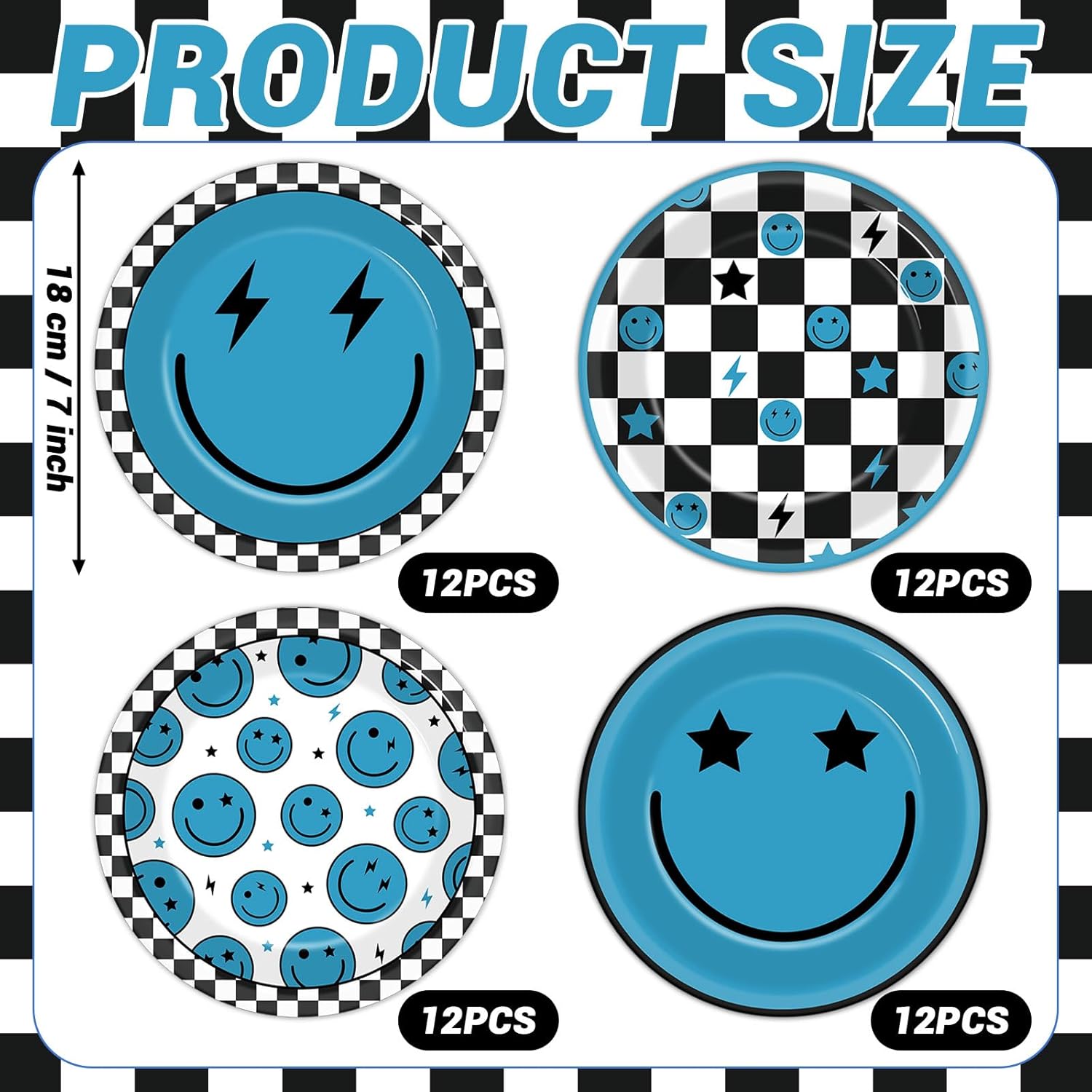 48Pcs Blue Smile Face Party Decoration 7inch One Happy Dude Paper Dessert Plates Blue Checkered Smile Face Paper Plates Lightning Star Checkered Tableware Set for Birthday Baby Shower Party Supplies