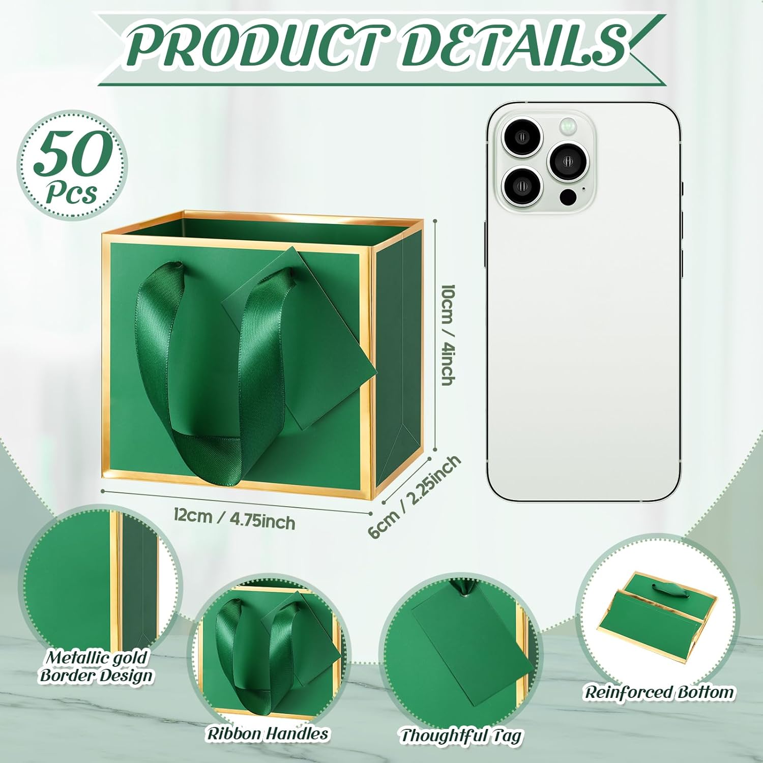 yeaqee 50 pcs mini metallic foil gift bags with handles 4x4.75x2.25'' valentine tiny thank you favor bag with tag for winter galentine new year welcome wedding baby shower birthday(dark green,gold)