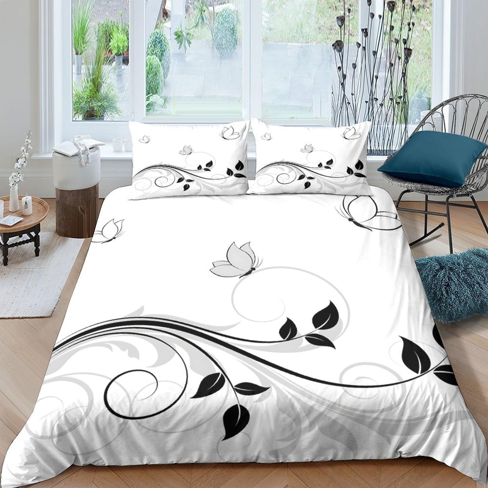 GPLZQXKJNH 3D Printed Floral Swirl Duvet Cover Microfiber Soft Breathable Leaf Pattern Bedding Set with 2 Pillowcases for Bedroom Decor Single（135x200cm）