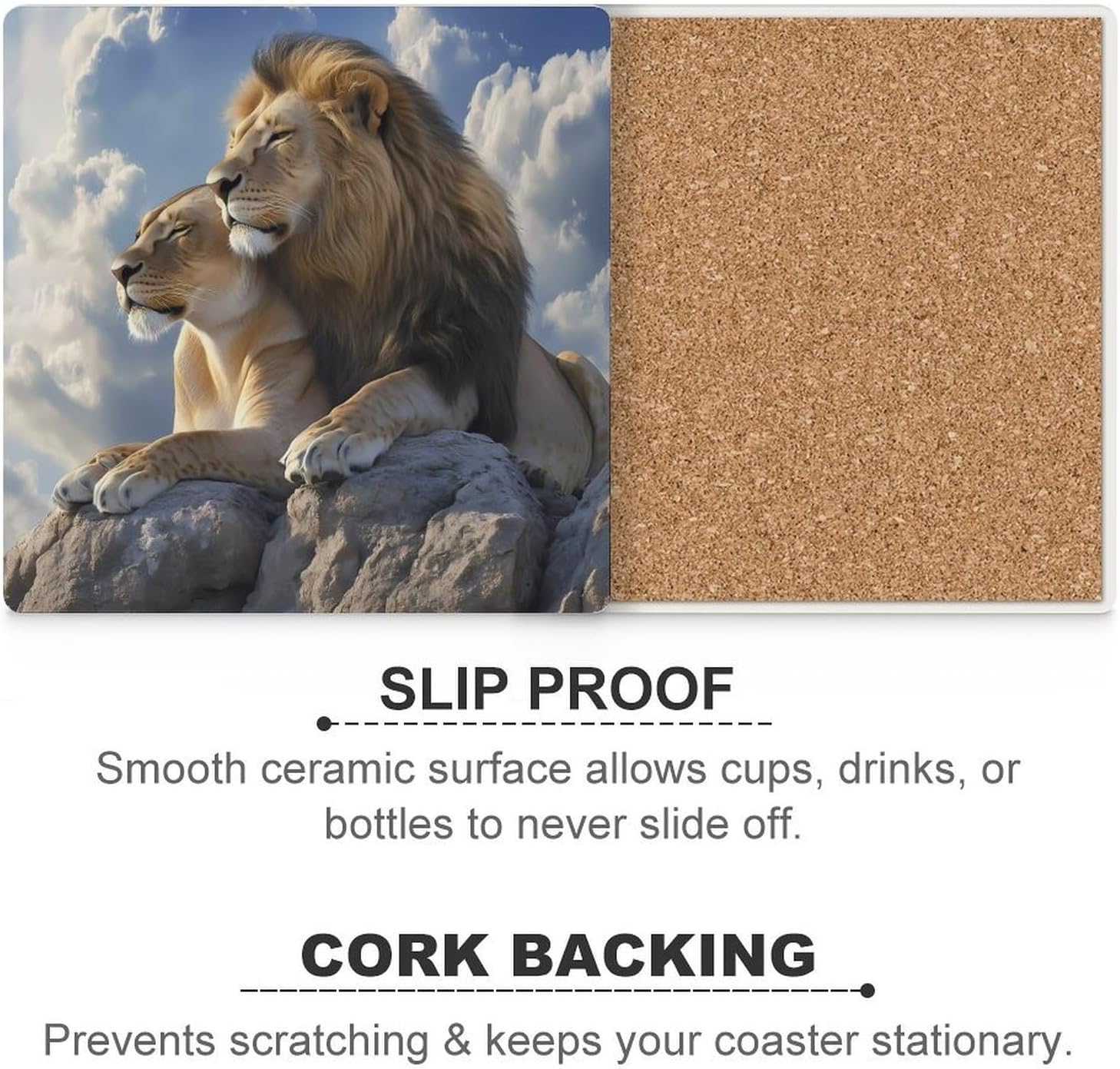 Animal Lion Love Coasters for Drinks Square Ceramic Coasters Cup Mats with Cork Base