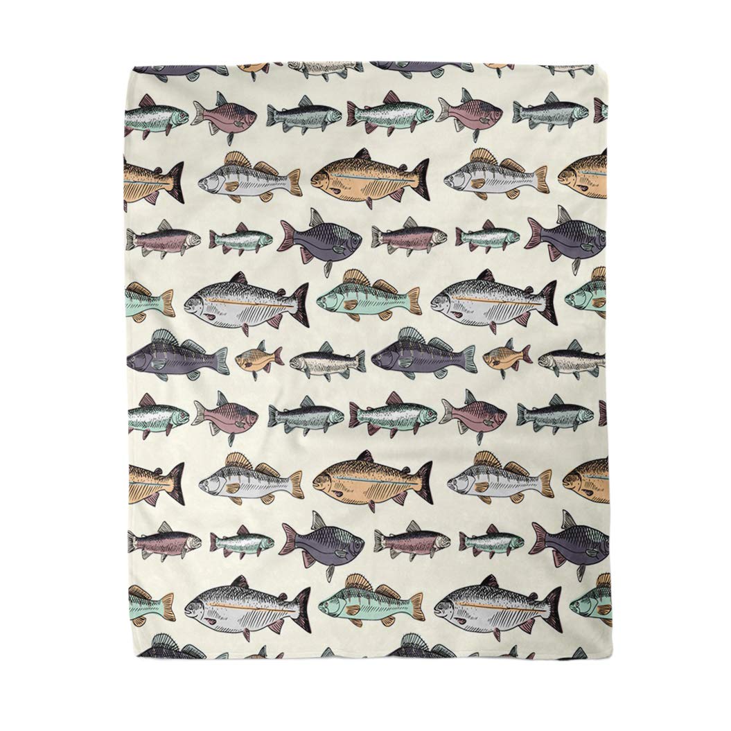 Topyee Blue Fish Vintage Fishes Drawing Pattern Flannel Throw Blanket 130x150cm / 50x60inches
