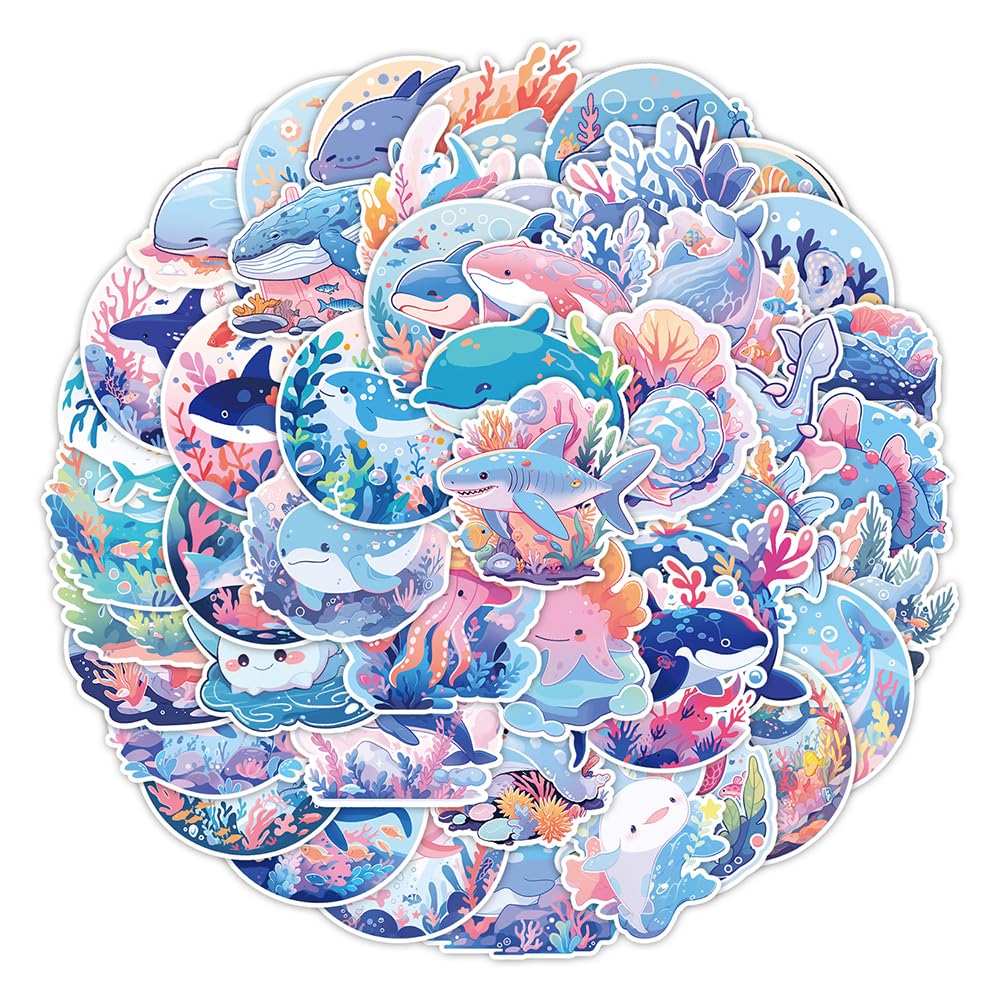 Lovely Ocean Animals Vinyl Stickers, 50 PCS Waterproof Cute Marine Life Decals for Laptops Scrapbooking, Journals, Notebooks
