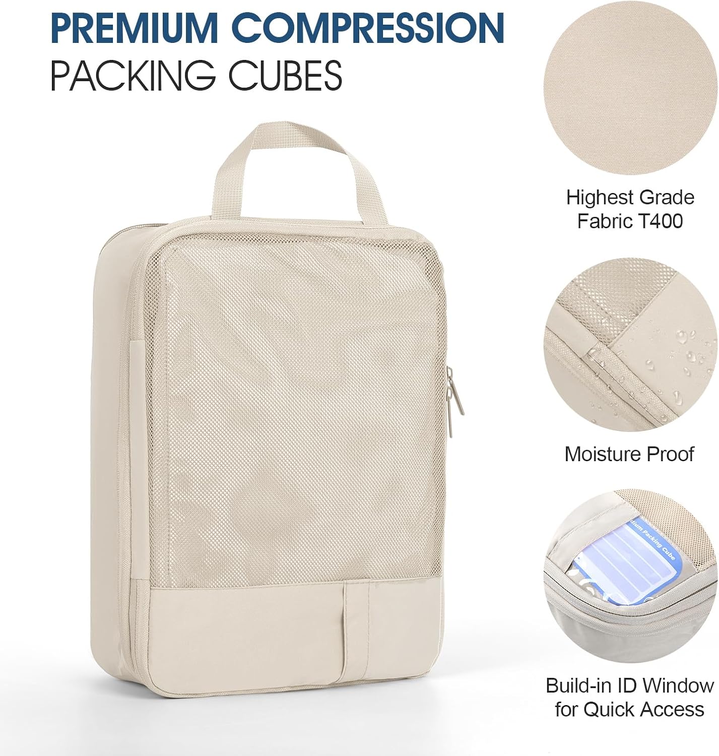Compression Packing Cubes for Travel - Double Zipper Luggage Organizer Bags for Suitcases (6-Pack, Beige)