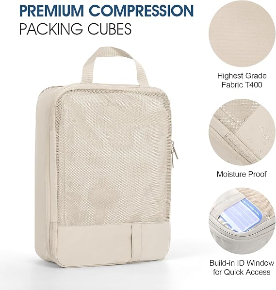 Compression Packing Cubes for Travel - Double Zipper Luggage Organizer Bags for Suitcases (6-Pack, Beige)