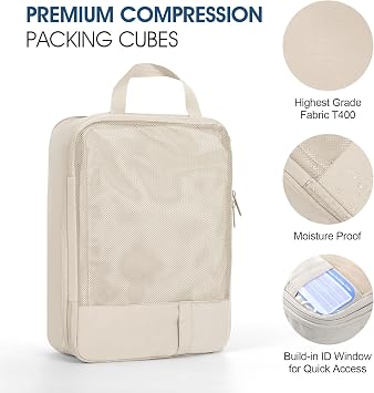 Compression Packing Cubes for Travel - Double Zipper Luggage Organizer Bags for Suitcases (6-Pack, Beige)