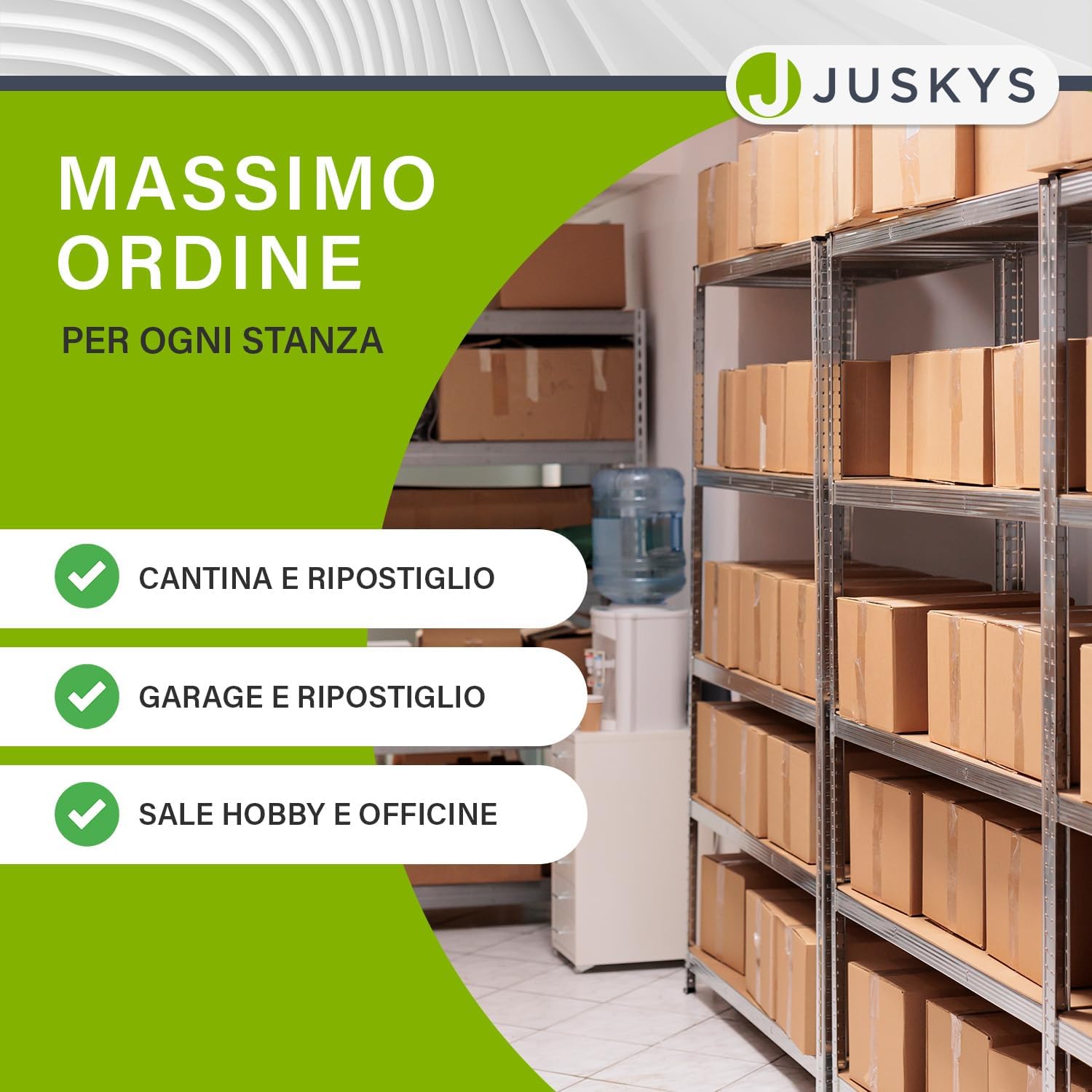 Juskys shelving units in a storage room