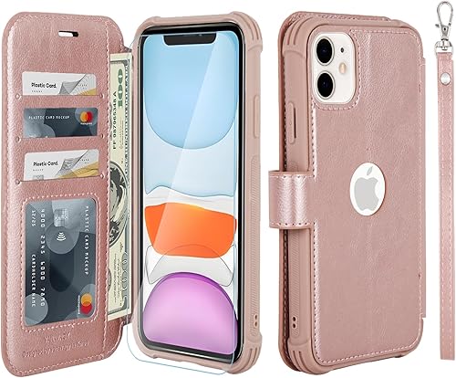 VANAVAGY Funda tipo cartera compatible con iPhone 11 para mujeres y hombres, funda de piel sintética con correa para la muñeca para carga