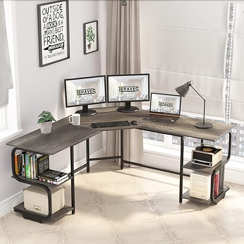 Miniatura 8 de Teraves - Escritorio moderno en forma de L con estantes, escritorio de 164,7 cm para juegos y computadora para oficina en casa, mesa de trabajo de