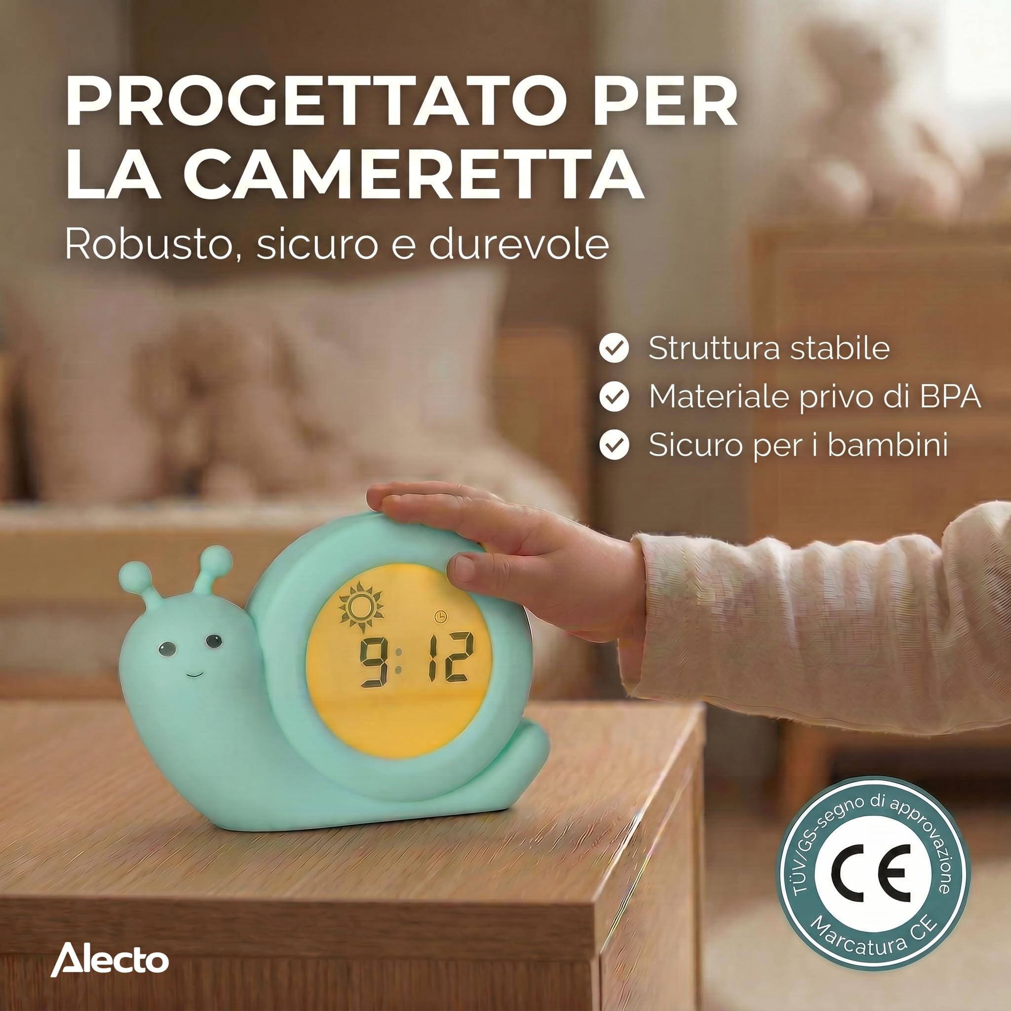 Alecto Baby BC110GN SIMON - Addestratore del sonno, luce notturna e sveglia, lumaca, verde menta