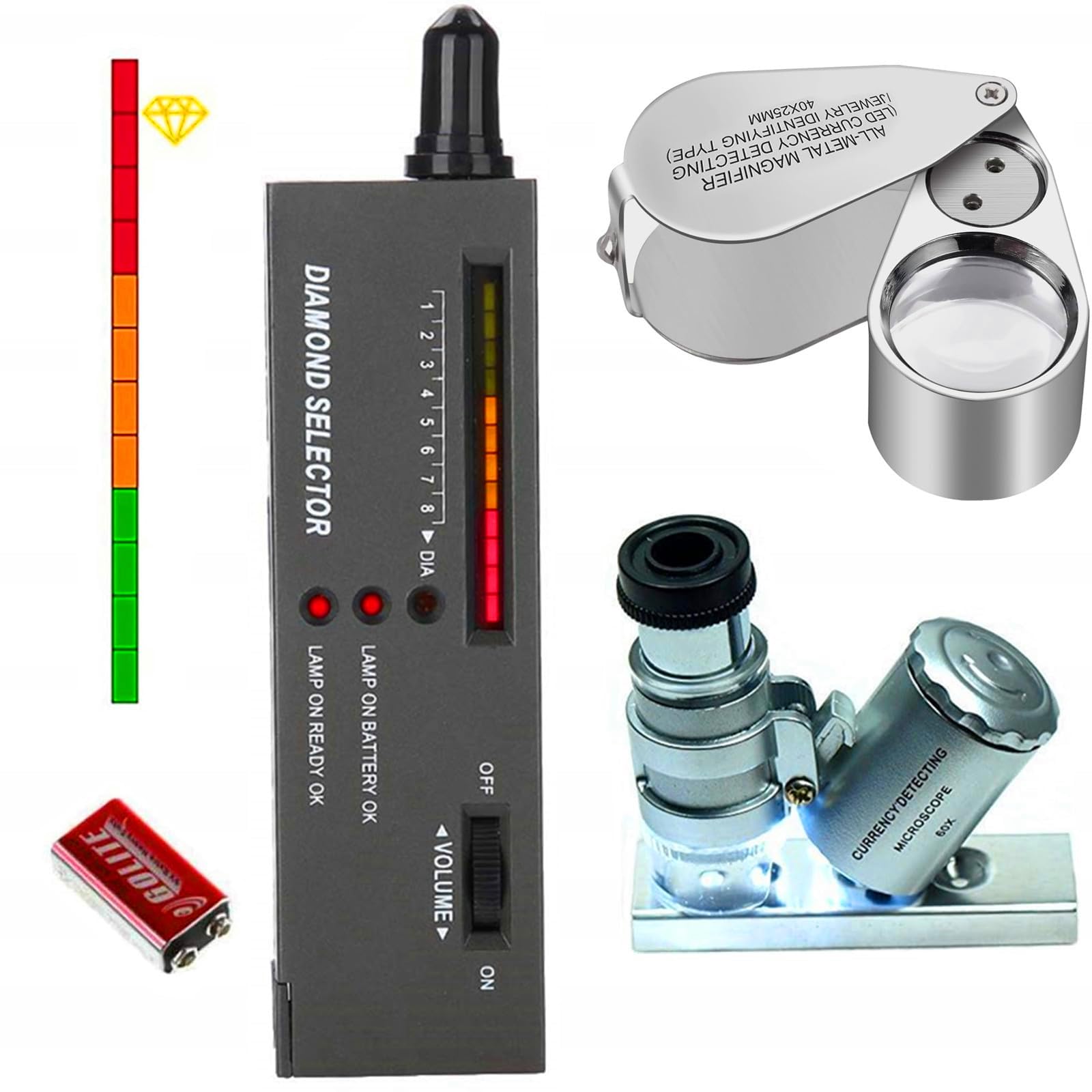 Diamant-Teststift, Schmuck-Diamant-Tester mit 60-facher Mini-LED-Lupe und 40-facher Vollmetall-Lupe, beleuchtete Schmuck-Lupe, Wärmeleitfähigkeitsmesser, Diamant-Selektor für Anfänger und Experten