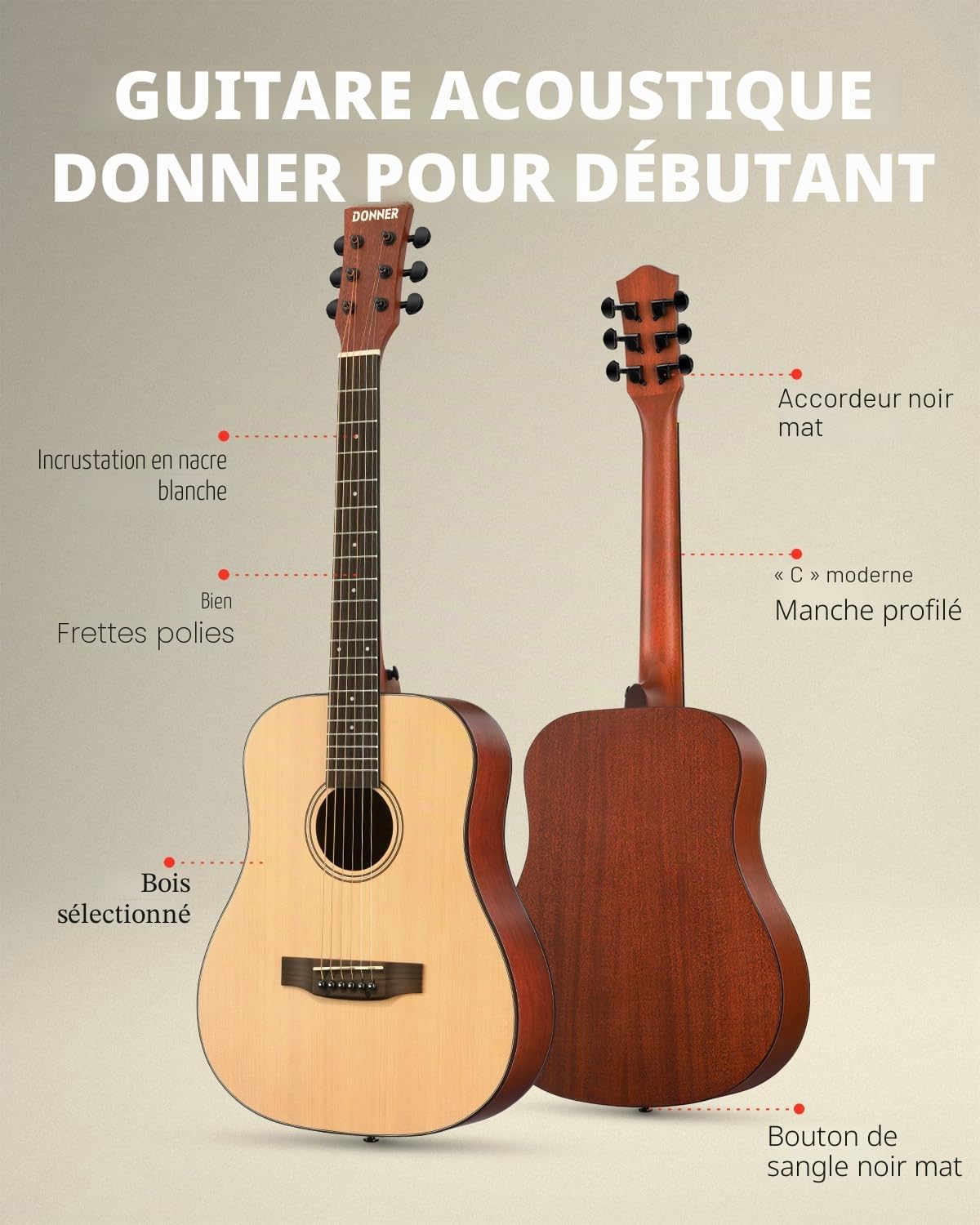 Donner 3/4 Guitare Acoustique Adulte Debutant Guitare Folk 36 Pouces Guitare Kit de Voyage avec Sac Capo Tuner(Naturel)