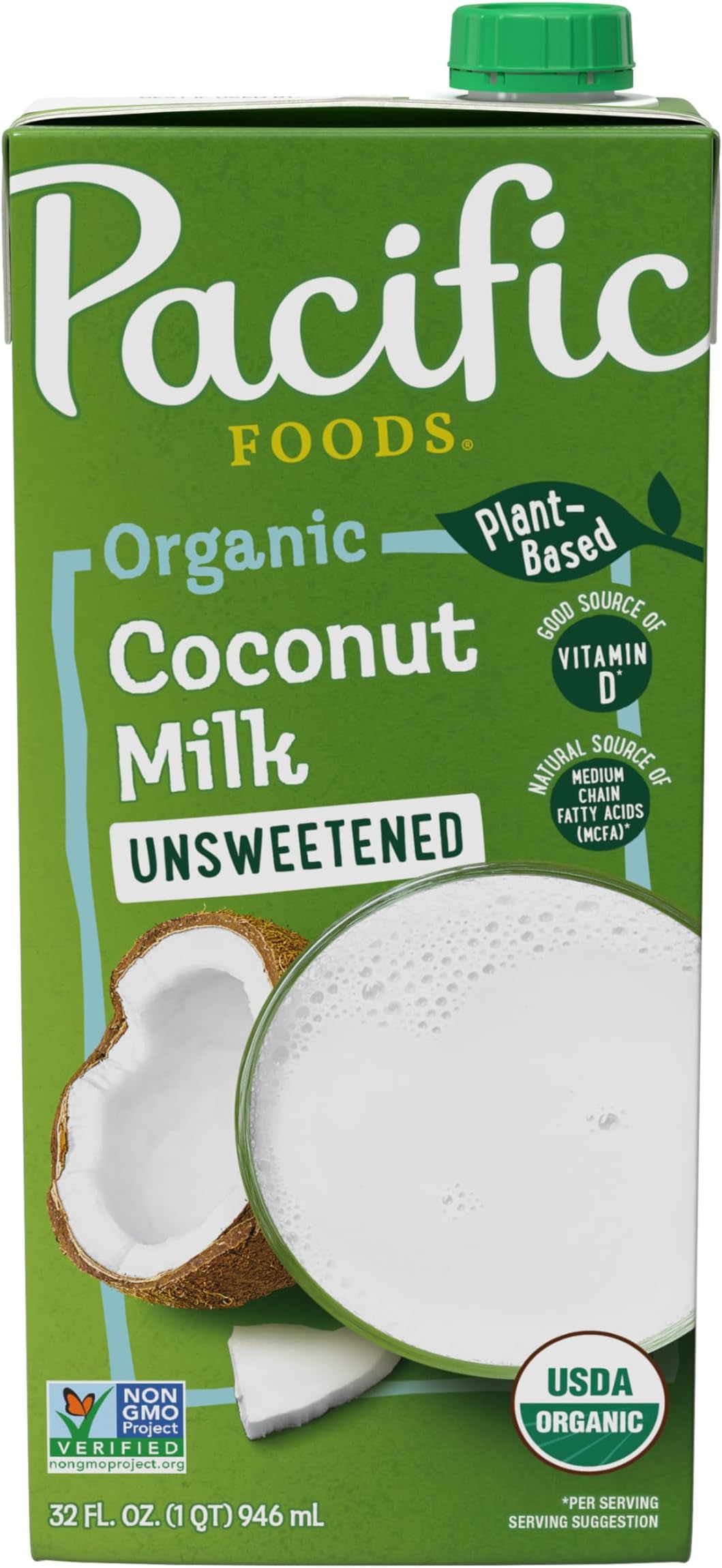 Pacific Foods Organic Unsweetened Coconut Milk, Plant Based Milk, 32 oz Carton