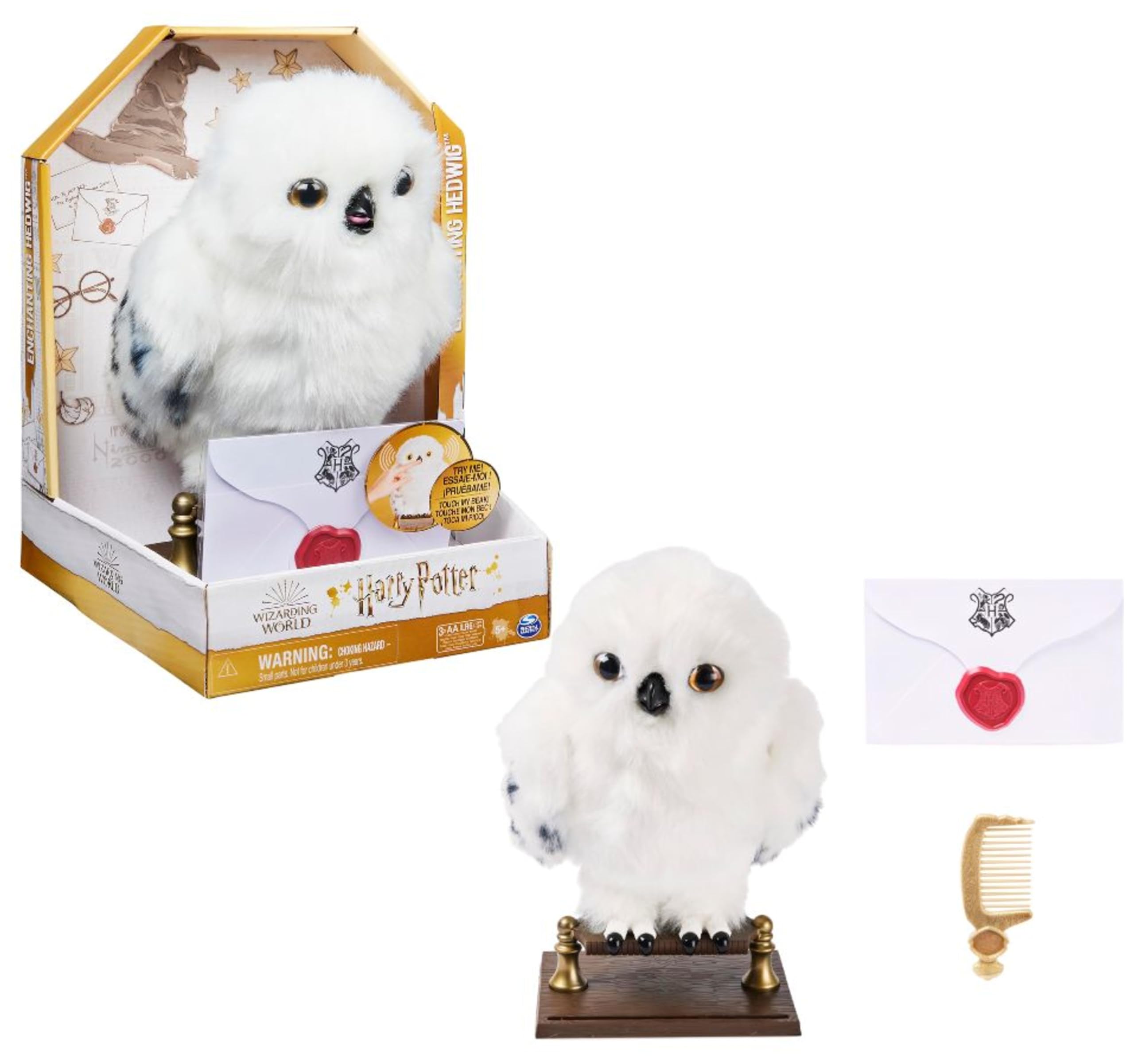 WIZARDING WORLD HARRY POTTER - HEDWIGE ENCHANTÉE - Peluche Interactive Chouette Hedwige 30 Cm Avec Accessoires - Tête et Ailes Qui Bougent - Sons et Mouvements - Jouet Enfant 6 ans et +