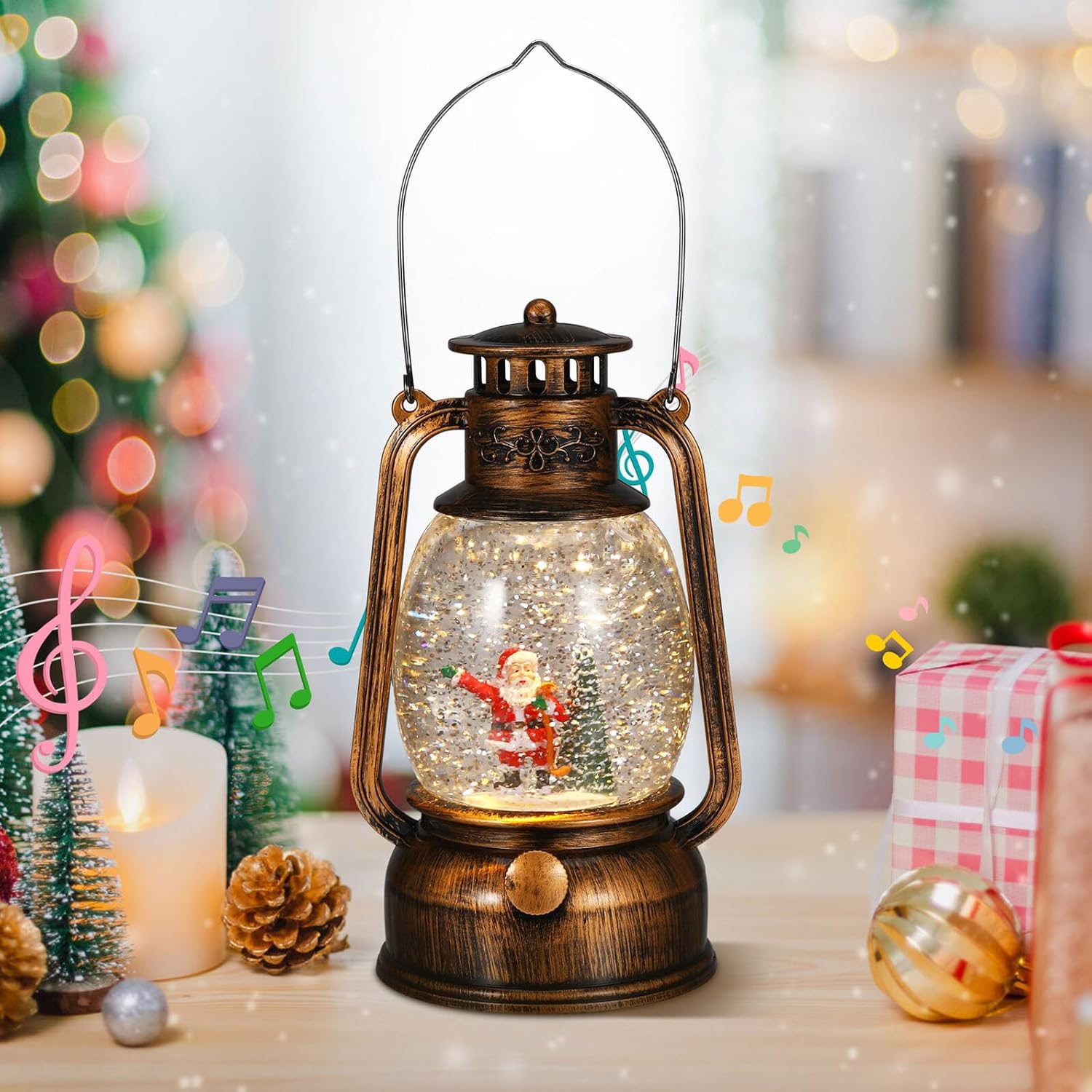 NUOBESTY Rotating Christmas Snow Globe Lantern with Music Glowing Santa LED Lighted Lantern for Festive Xmas Table Decoration USB and Battery Operated Holiday Music Box for Indoor Seasonal