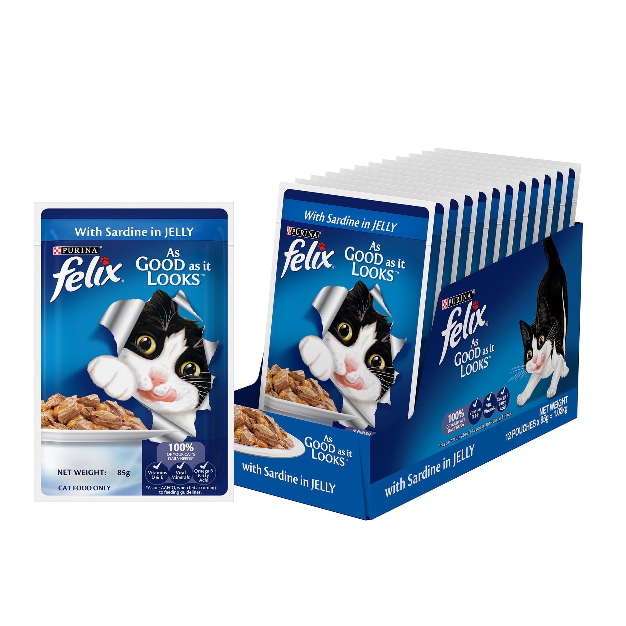 Purina Felix with Sardine in Jelly | Wet Food for Adults | Complete and Balanced Cat Food, Pack of 12 Pouches (12 x 85 g)