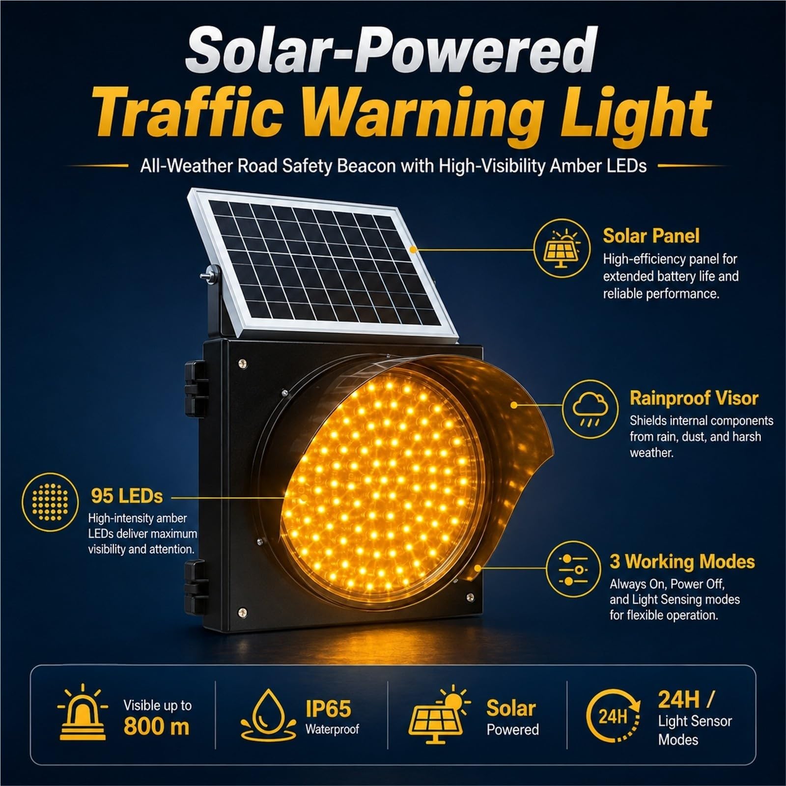 Luz solar de señal de advertencia de tráfico, luz de advertencia de tráfico