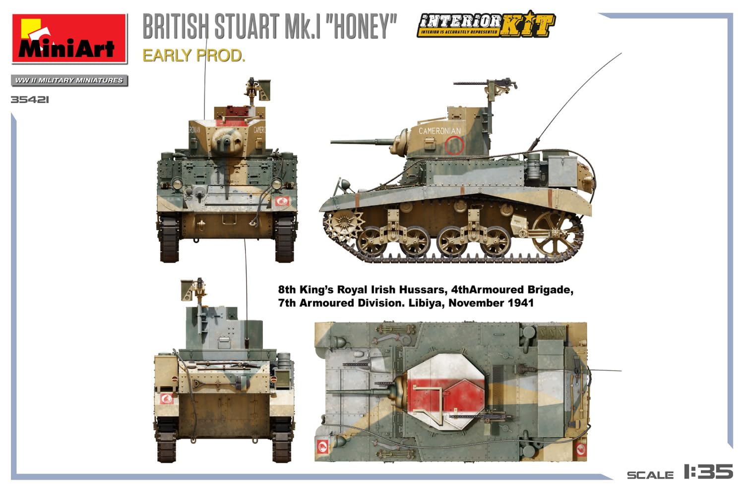 MiniArt 35421 1:35 Brit. Stuart Mk.I con interno – riproduzione fedele all'originale, modellismo, kit di costruzione in plastica, artigianato, hobby, incollaggio, modellismo, assemblaggio, non