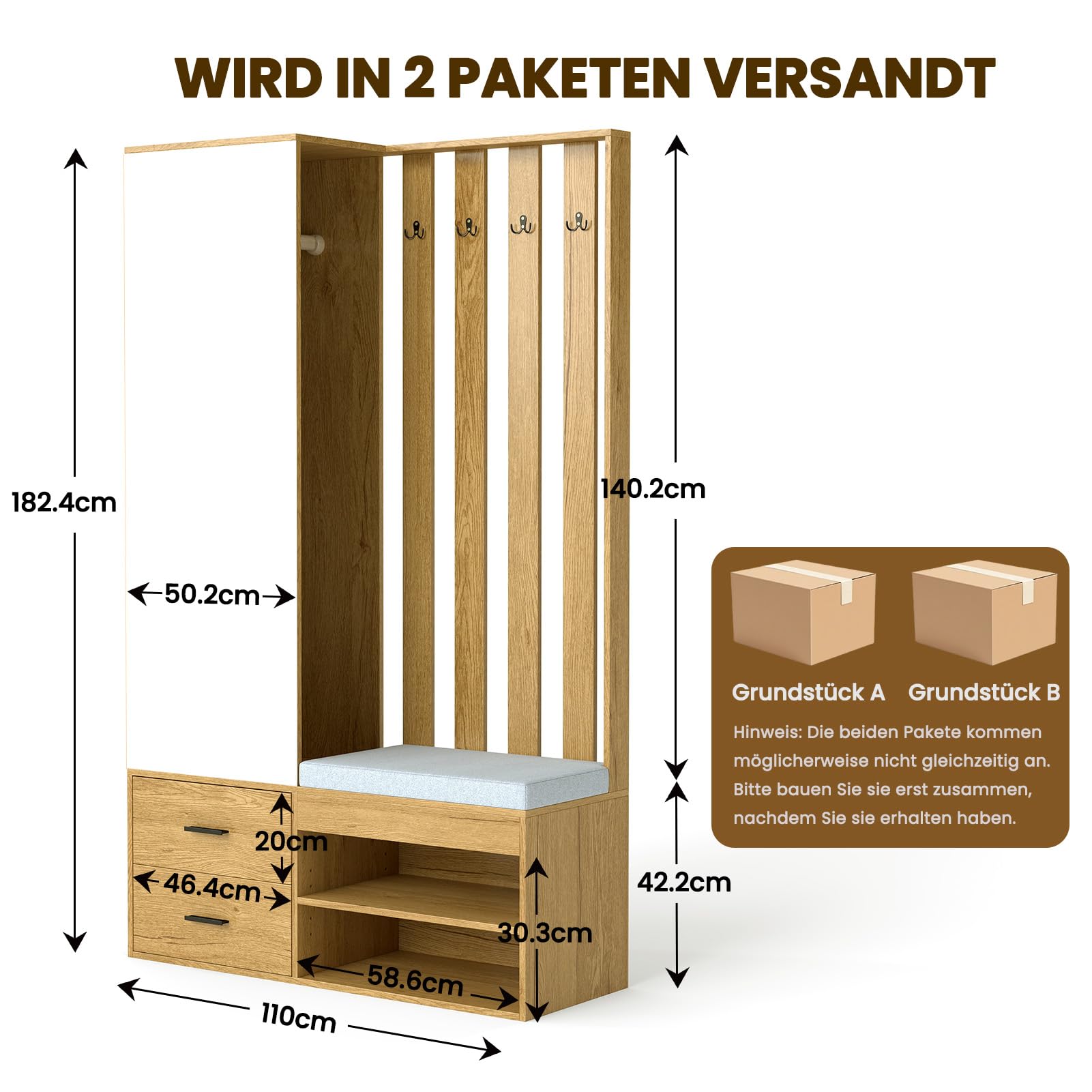 HAUSPROFI Garderobe Set Garderobenset Hoch mit Spiegel und Sitzbank, Garderobenschrank Flurgarderoben Set mit Haken und 2 Schuhschrank, Kompaktgarderobe mit 2 Schubladen, Flur Möbel, Holzfarbe