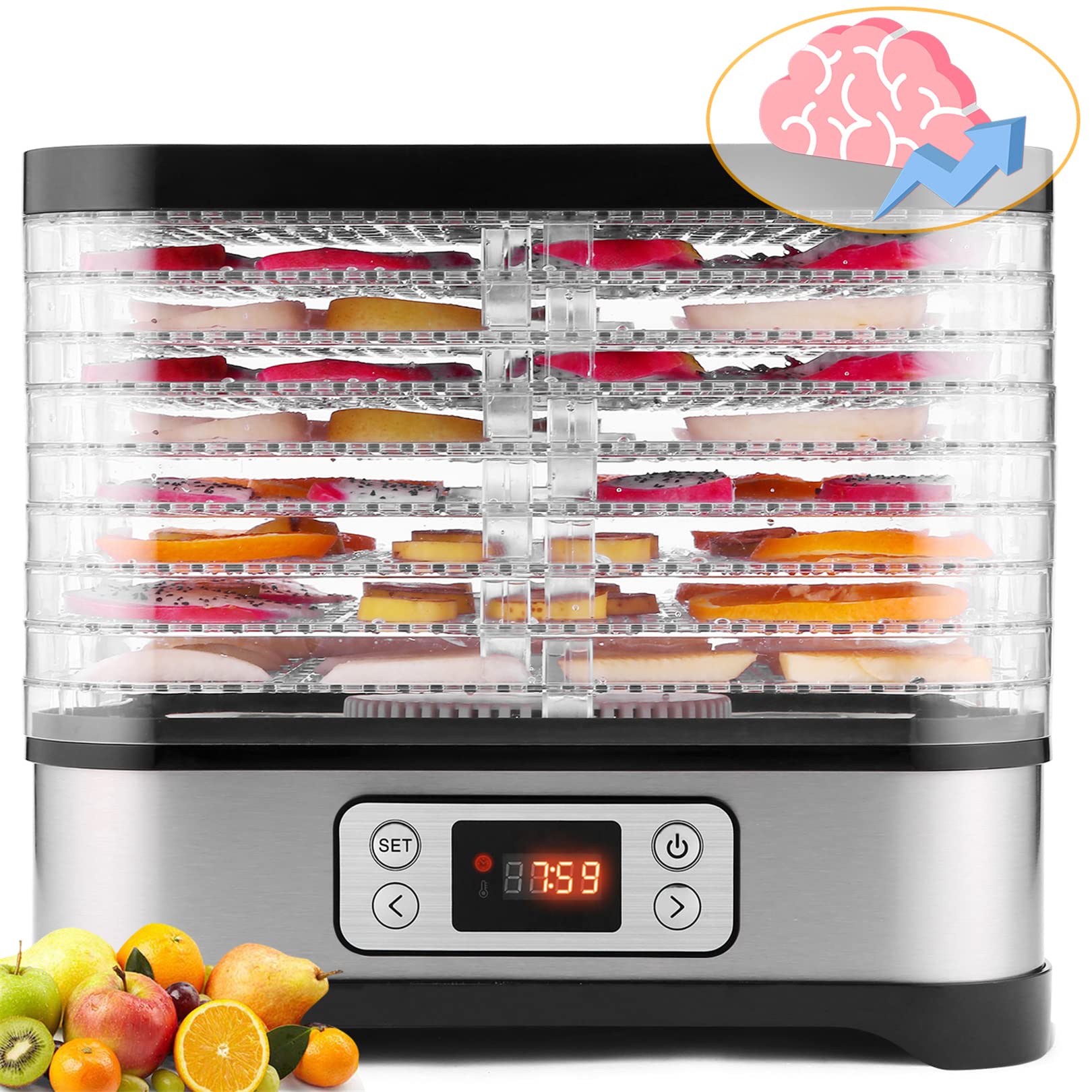 COOCHEER Deshidratador de Alimentos 8 Pisos Bandejas, Deshidratador de Frutas y Verduras 400W con Temporizador 72H y Temperatura ajustable,Pantalla LCD,sin BPA