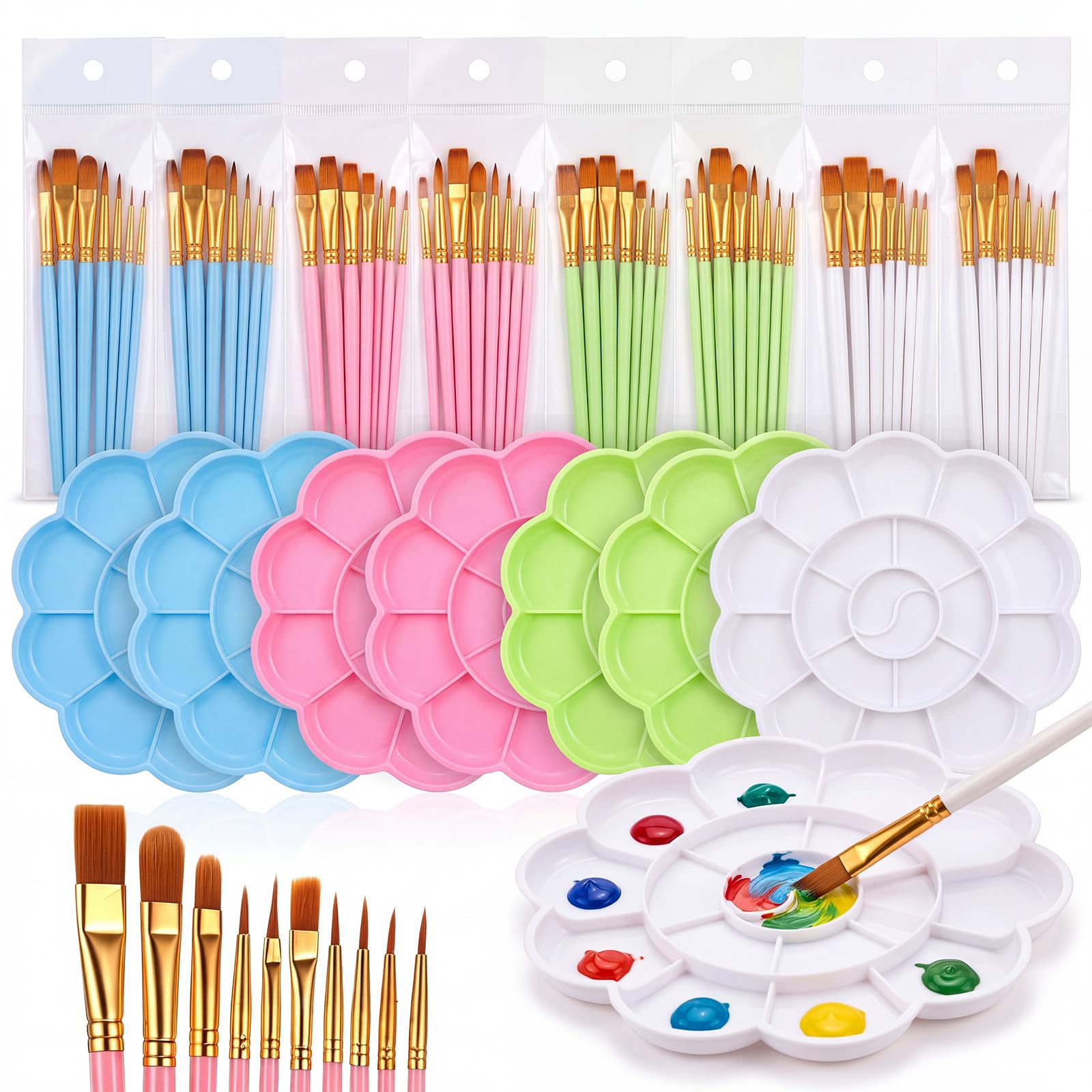 Silipull Juego de 88 pinceles y paletas de pintura, paquete de 8 suministros de arte a granel incluye 80 pinceles (10 tamaños) y 8 bandejas grandes de pintura de flores, colores pastel para niños