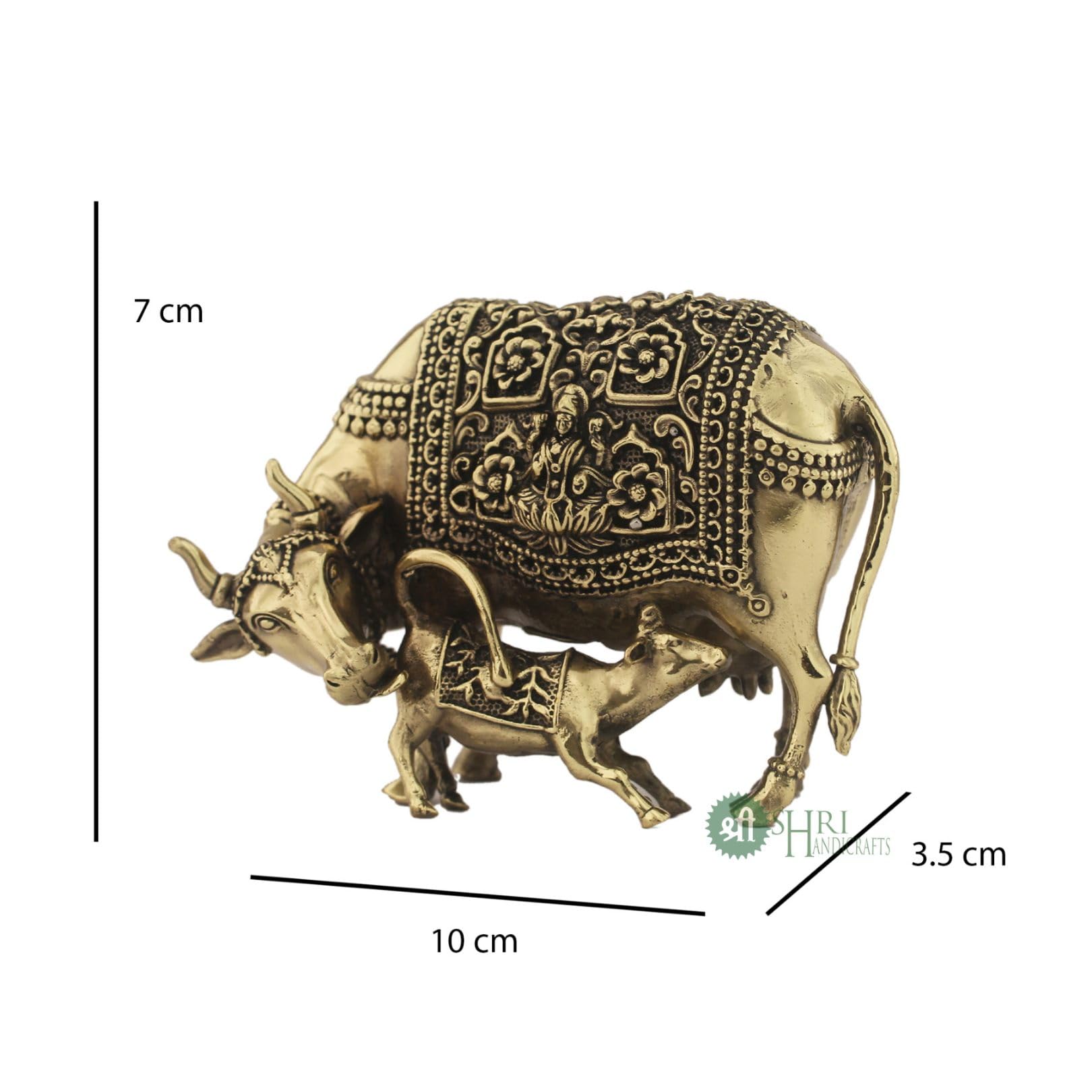 INDICAST Statuetta spirituale di Kamdhenu Gau MATA Idol Spiritual Vastu Nandi Pooja da 7,6 cm, realizzata a mano, in ottone, con mucca e vitello per la buona fortuna, per casa e ufficio (peso: 210 gm)