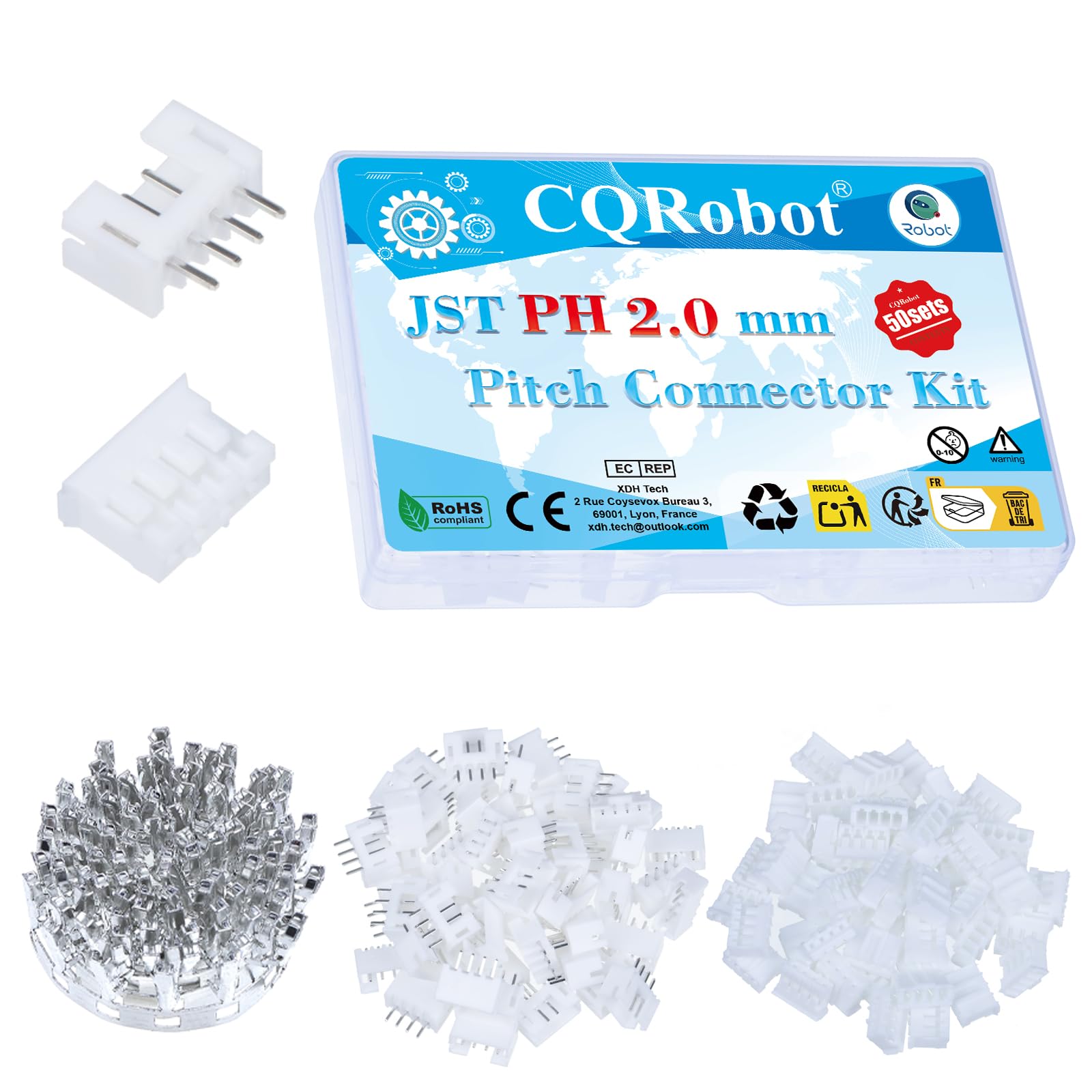 CQRobot JST PH 2.0 mm Pitch 4-Pin Electronic Computer Connector IC Male Plugs, Female Sockets Housing and T-Shaped Crimp Terminal Kit. 50 Sets/300