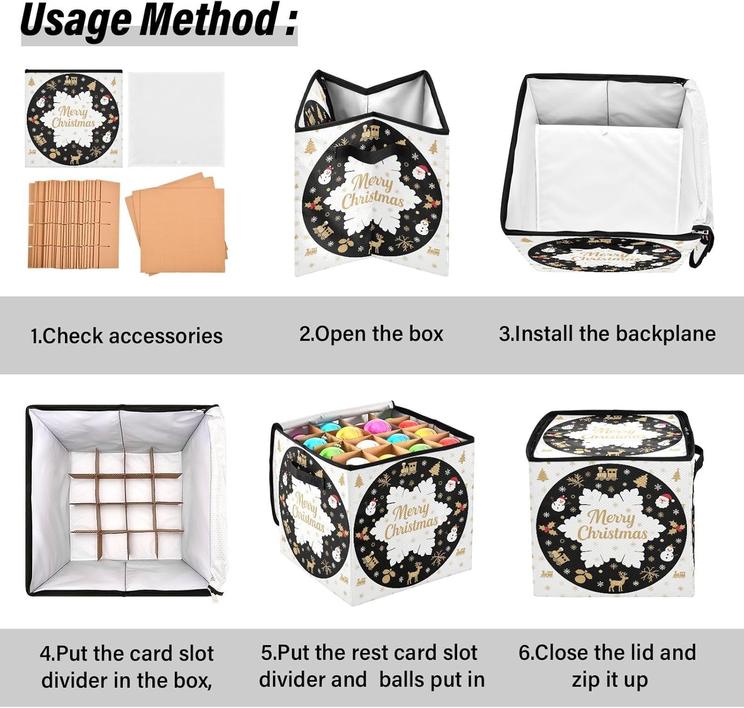 High Capacity Christmas ornament organizer Holds Up to 64, Two Handles foldable Holiday Storage Case with Lid,White and Black Christmas