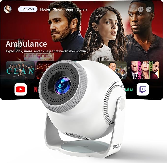 Mini Projector 4K and 1080P Support, Android 14 Smart System, 8K Decoding, 480 ANSI Lumens, Wi-Fi 6 and Bluetooth 5.4, Auto Keystone, 180° Rotatable Smart Projector for Bedroom
