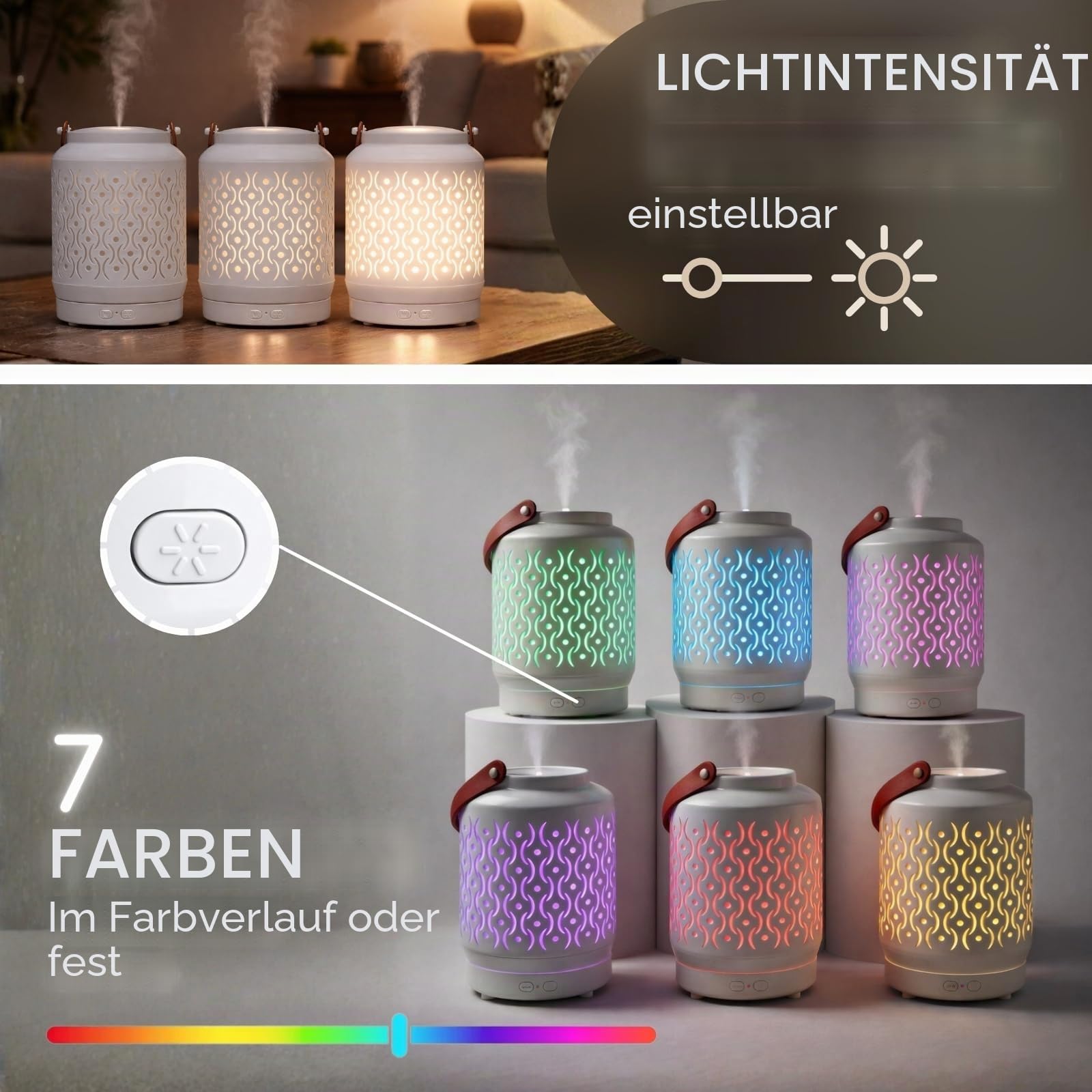 Zen'Arôme - Nomadischer Laternen-Diffusor für ätherische Öle Madrid (bis zu 40m²) für drinnen/draußen - Integrierter wiederaufladbarer Akku, 20h Betriebsdauer - Dimmbares RGB-Licht - Tragegriff