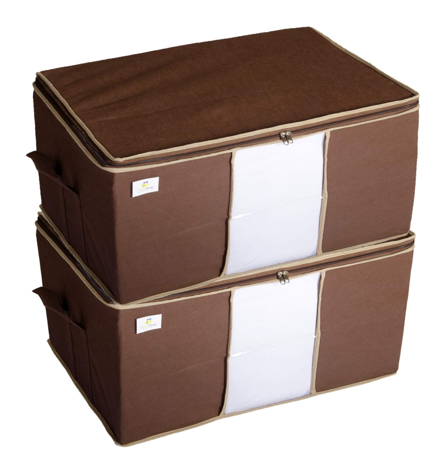 HomeStrapNon Woven Rectangular Big Underbed Storage/Bag with Transparent Window- (Pack of 2, Brown)