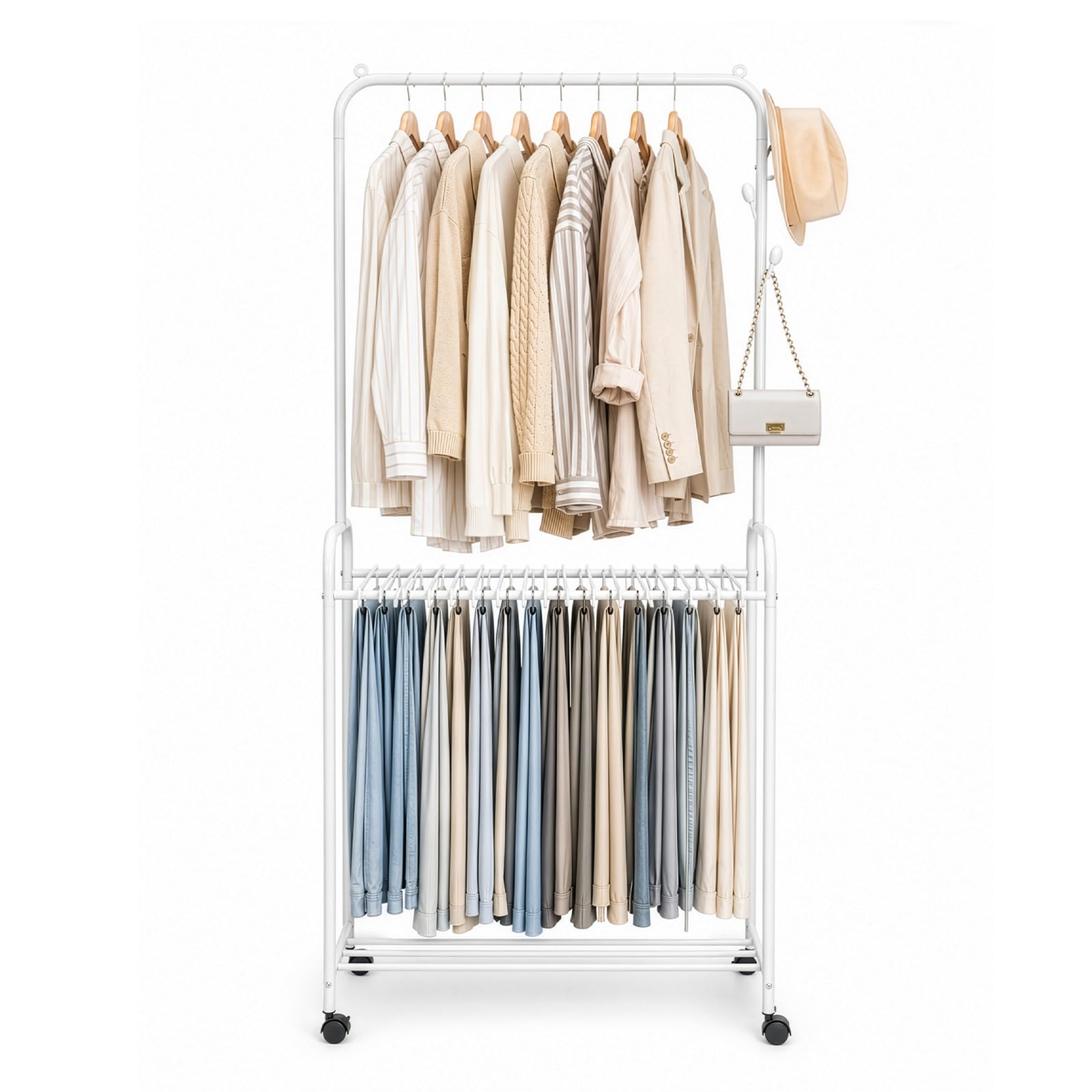 SUNNYNEST Heavy Duty Rolling Clothing Rack with Top Hanging Rod Bottom Storage Shelf Minimalist Metal Garment Rack Organizer for Bedroom Space Saving Open Wardrobe Closet Storage (White)