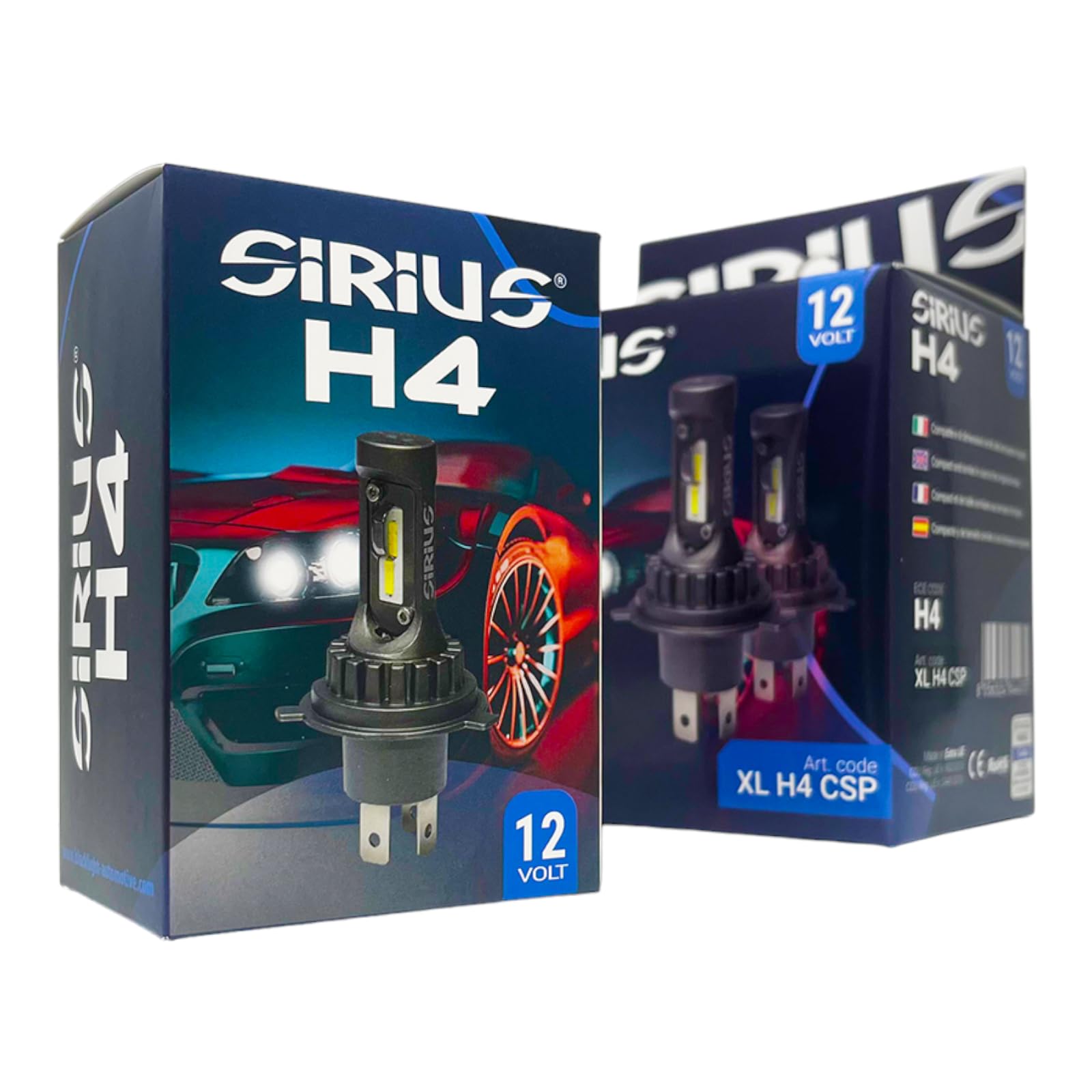 Sirius Set 2 Lampadine LED H4 12V 6000K Anabbagliante e Abbagliante Chip Seoul CSP Attacco P43t – Lampade Retrofit Auto a LED