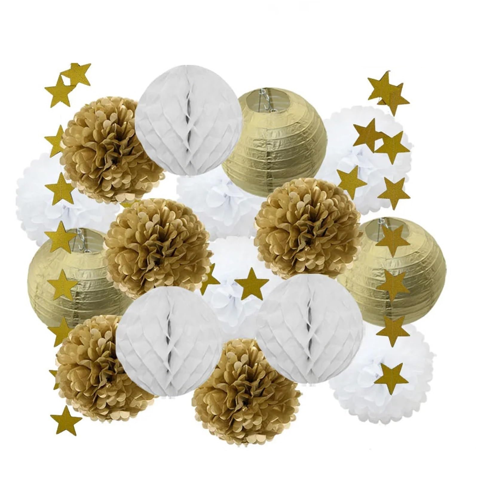 Paper Pom Poms Wedding Ceremony Events Decor Gold Paper Lanterns Honeycomb Red Tissue Pompom for Party Supplies(Gold White)