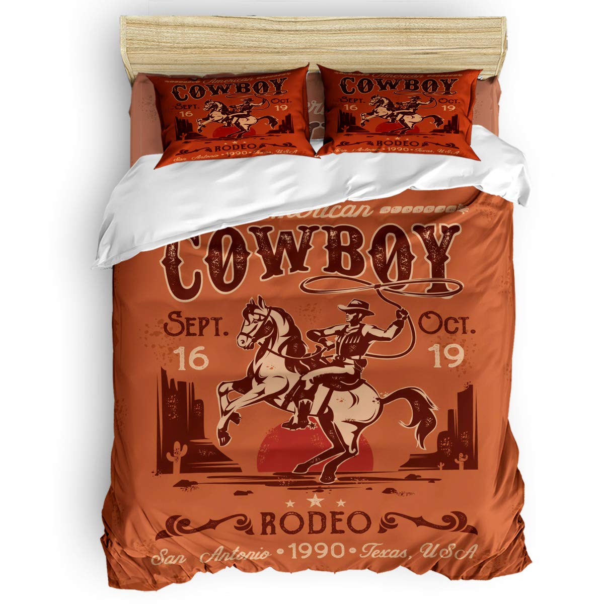 PartyShow 4 Piece Bed Sets Twin, Western Cowboy Riding Poster Bedroom Comforters Cover Bed Sheet with 2 PC Pillowcases for Girls/Boys/Kids/Bedroom Vintage Brown Dusk Backdrop