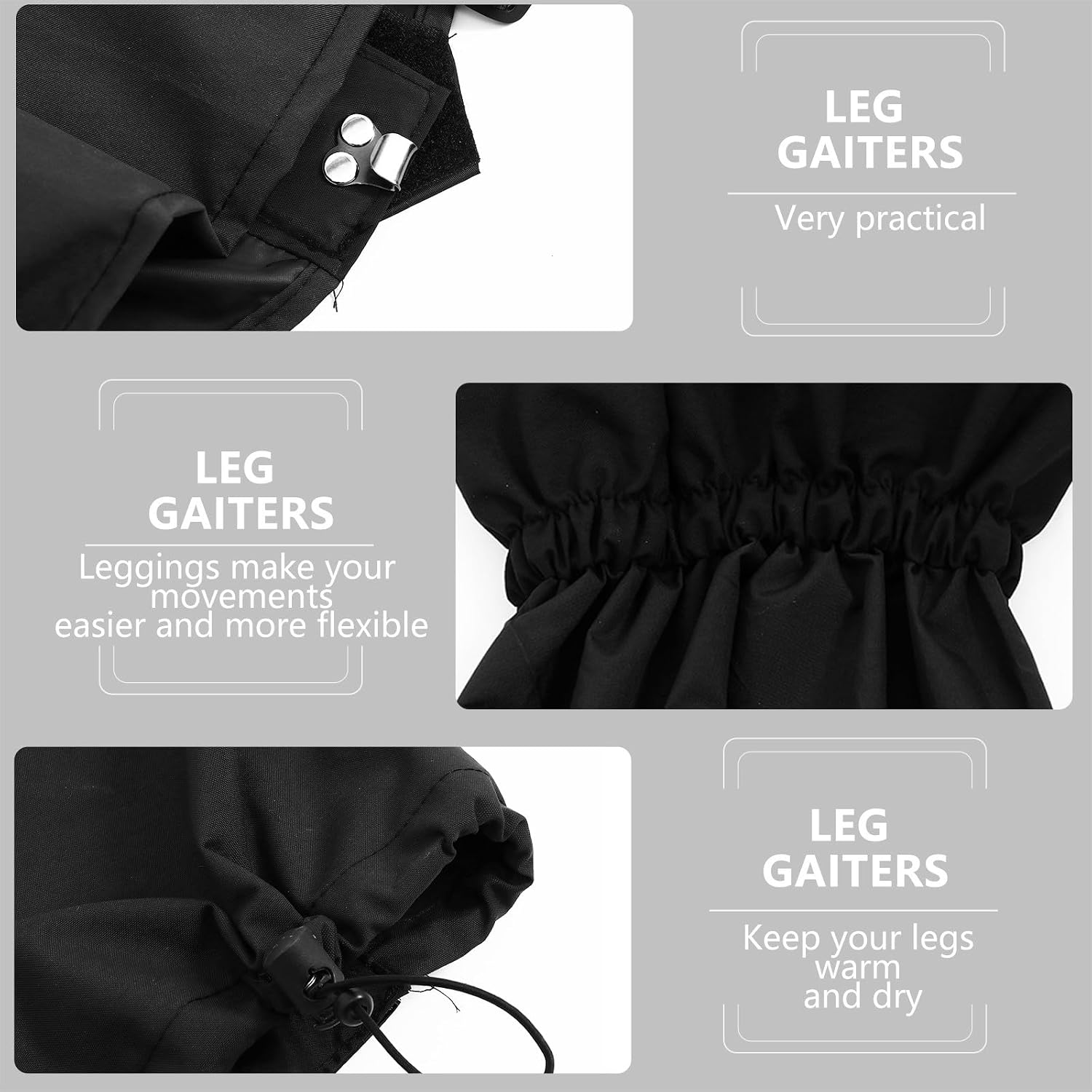Leg Gaiters with Foot Strap Waterproof Snow and Mud Resistant Hiking Leg Cover for Outdoor Sports, Extended Length Black Legging Gaiters for Mountaineering and Walking