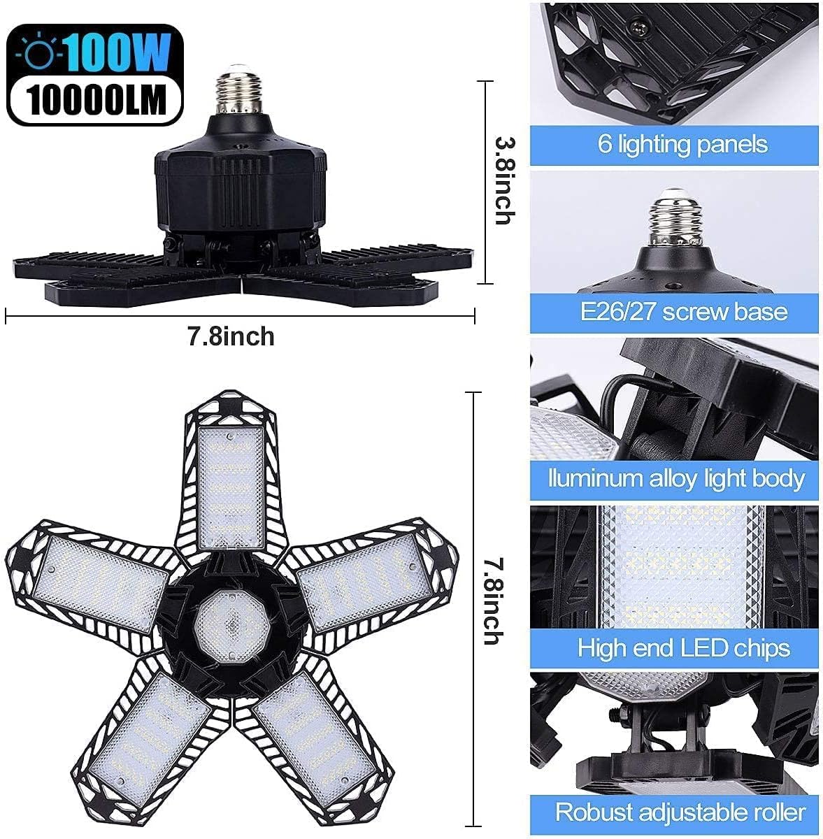 LED Garage Light 2 Pack 5 Leaf 10000LM Bright Deformable LED Garage Lights 100W Bright Light Bulb Powerful Garage Lights Ceiling LED Bright Light Bulb E26 Garage Light for Garage, Basement, Barn