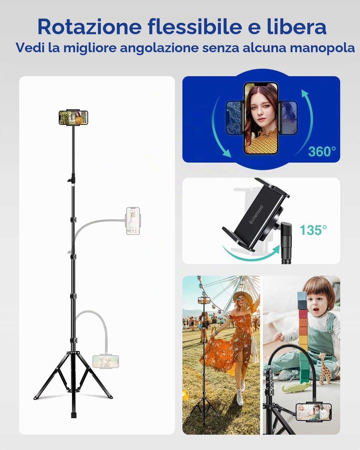 Elitehood Treppiede Alto 203 cm, in Metallo Resistente per Smartphone e iPhone, Girocollo d'oca con Cavalletto e Rotazione a 360° per iPhone 15 14 13 Pro Max