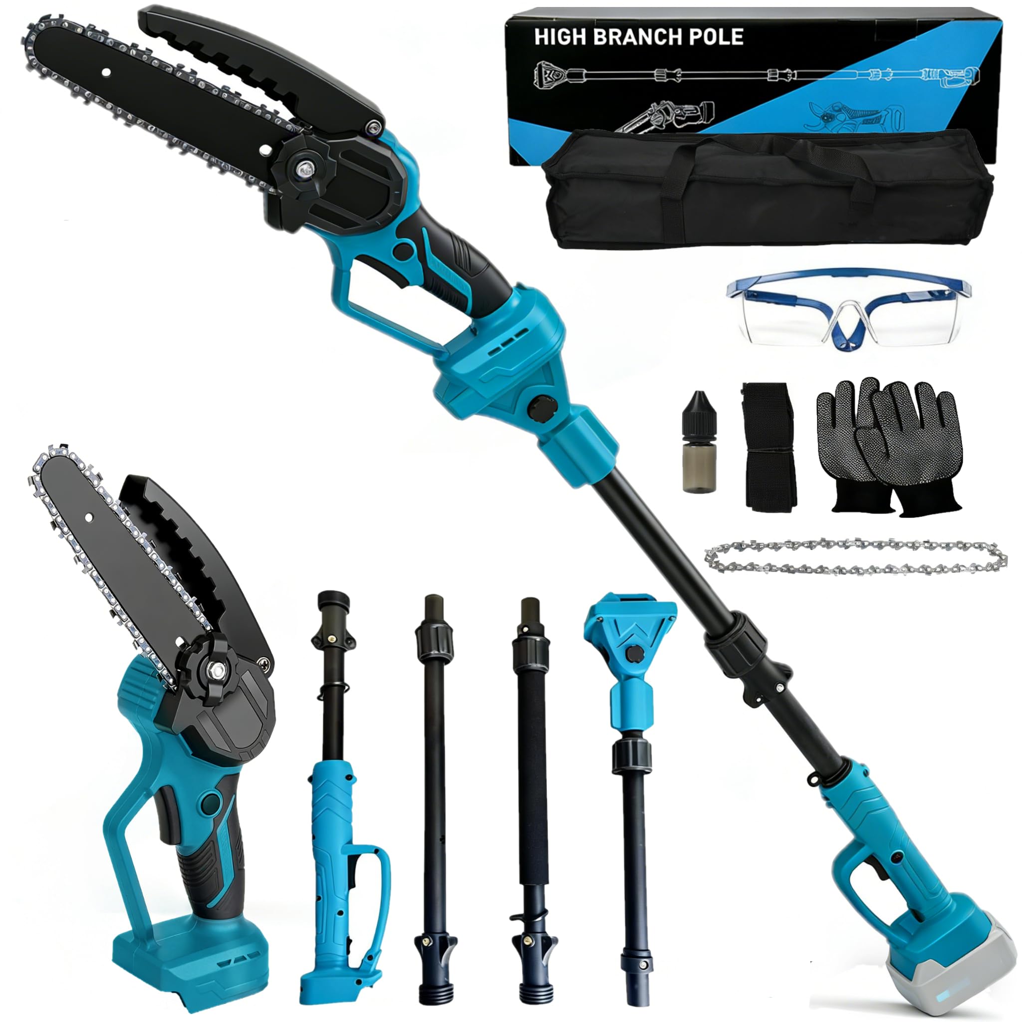 Podadora de batería y sierra de podar con cadena compatible Makita 18V, sierra de podar 2 en 1 sin escobillas de 6 pulgadas con mango telescópico y podadora eléctrica telescópica con batería