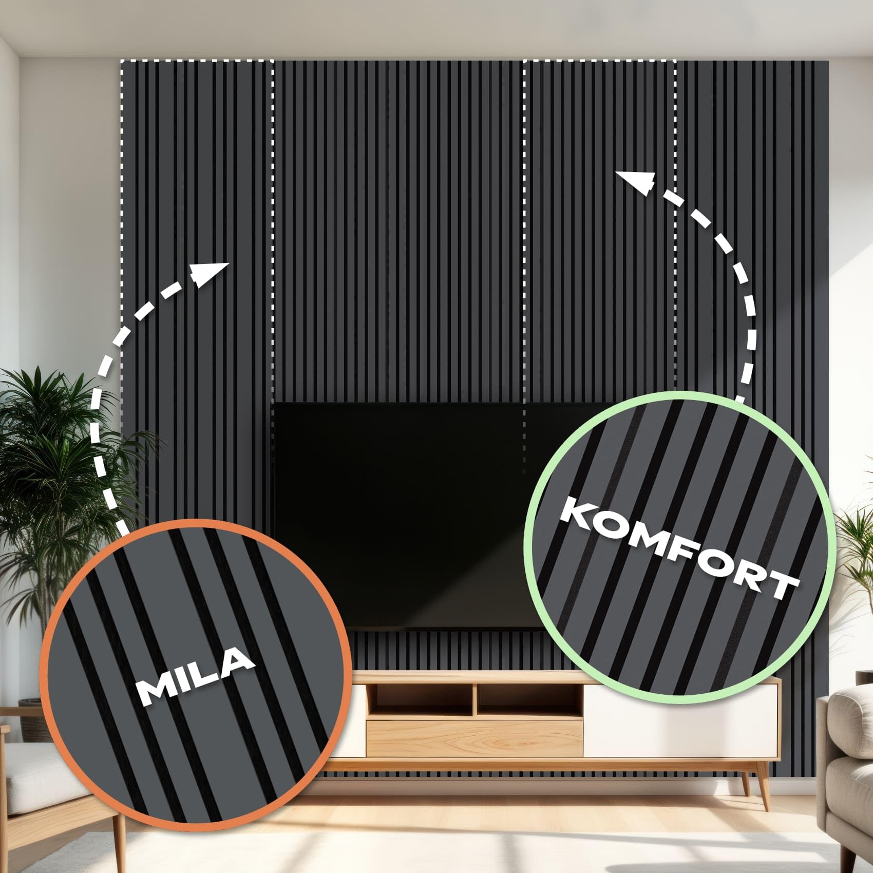 HEXIM Akustikpaneele 6 Stück 278x60cm Holz Mila - flexible Holzpaneele Platten Wandpaneele Wanddeko Kombipaneel Wandverkleidung Schalldämmung Akustikfilz anthrazit (10.02m² Black Lead)