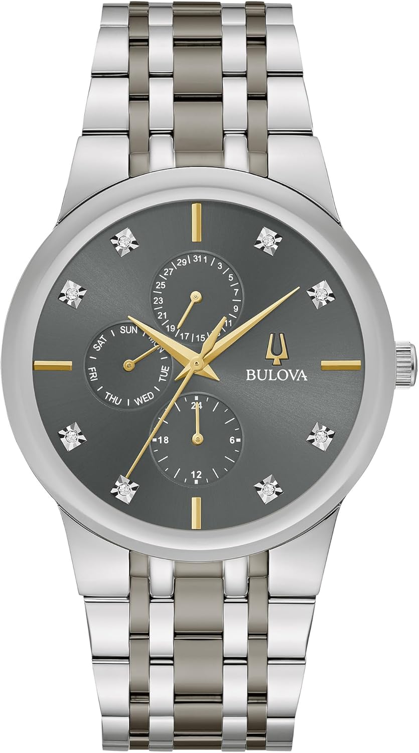 Bulova Men's Modern Diamond Quartz Two Tone Stainless Steel Watch, Grey Dial Style:98D186