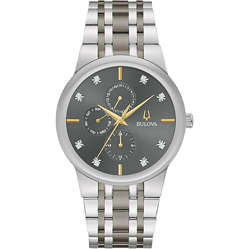 Bulova Men's Modern Diamond Quartz Two Tone Stainless Steel Watch, Grey Dial Style:98D186